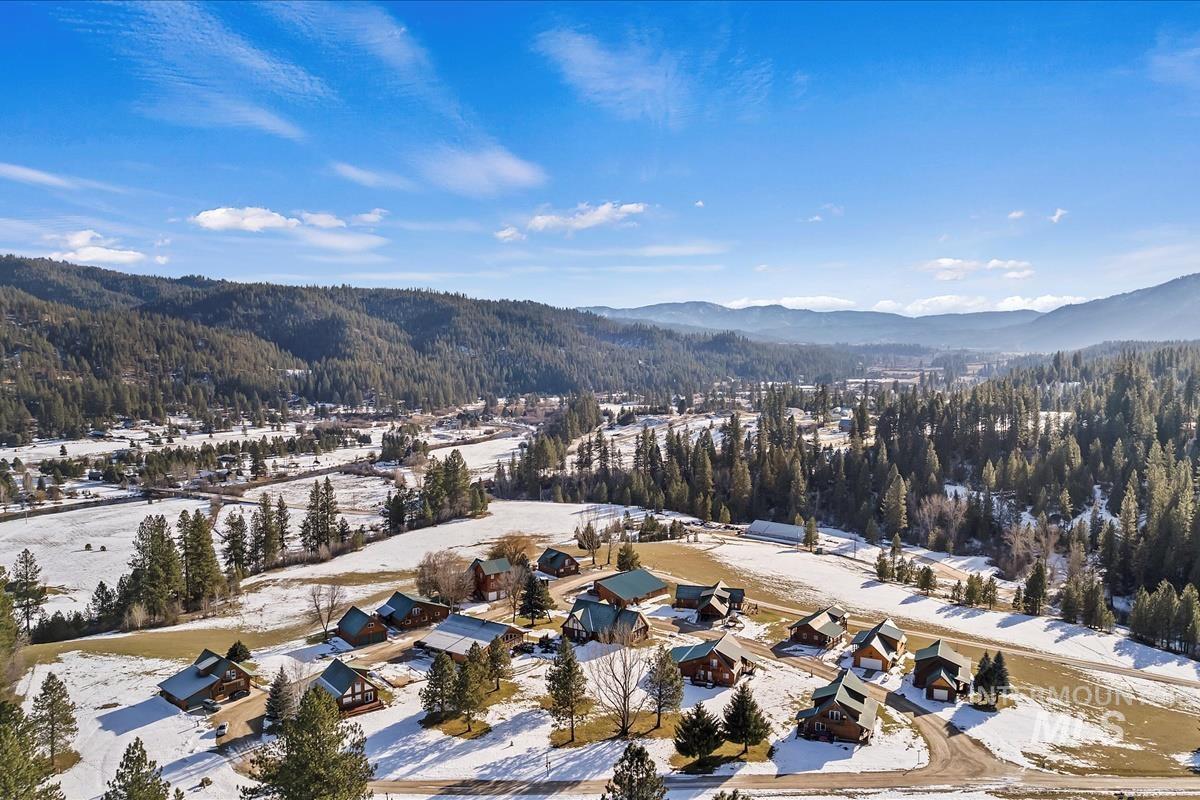 Snowy aerial view featuring a mountain view and a view of trees