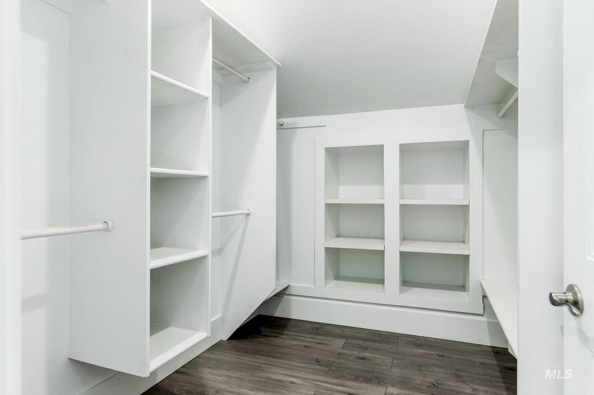 Spacious closet with dark wood-style flooring