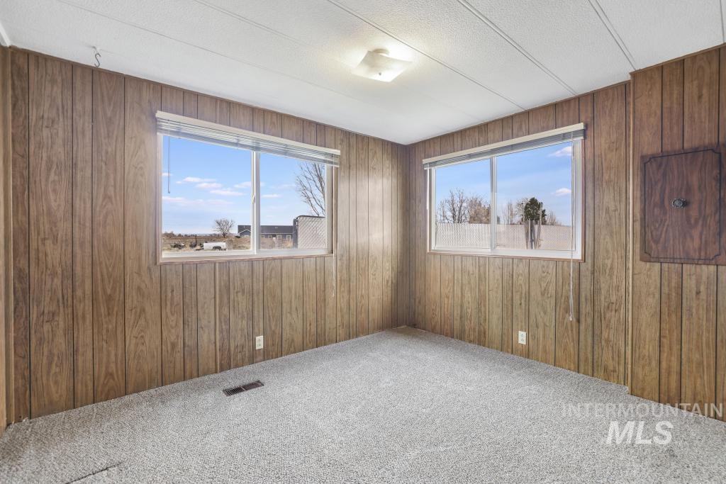 Carpeted spare room featuring wooden walls, healthy amount of natural light, and a textured ceiling