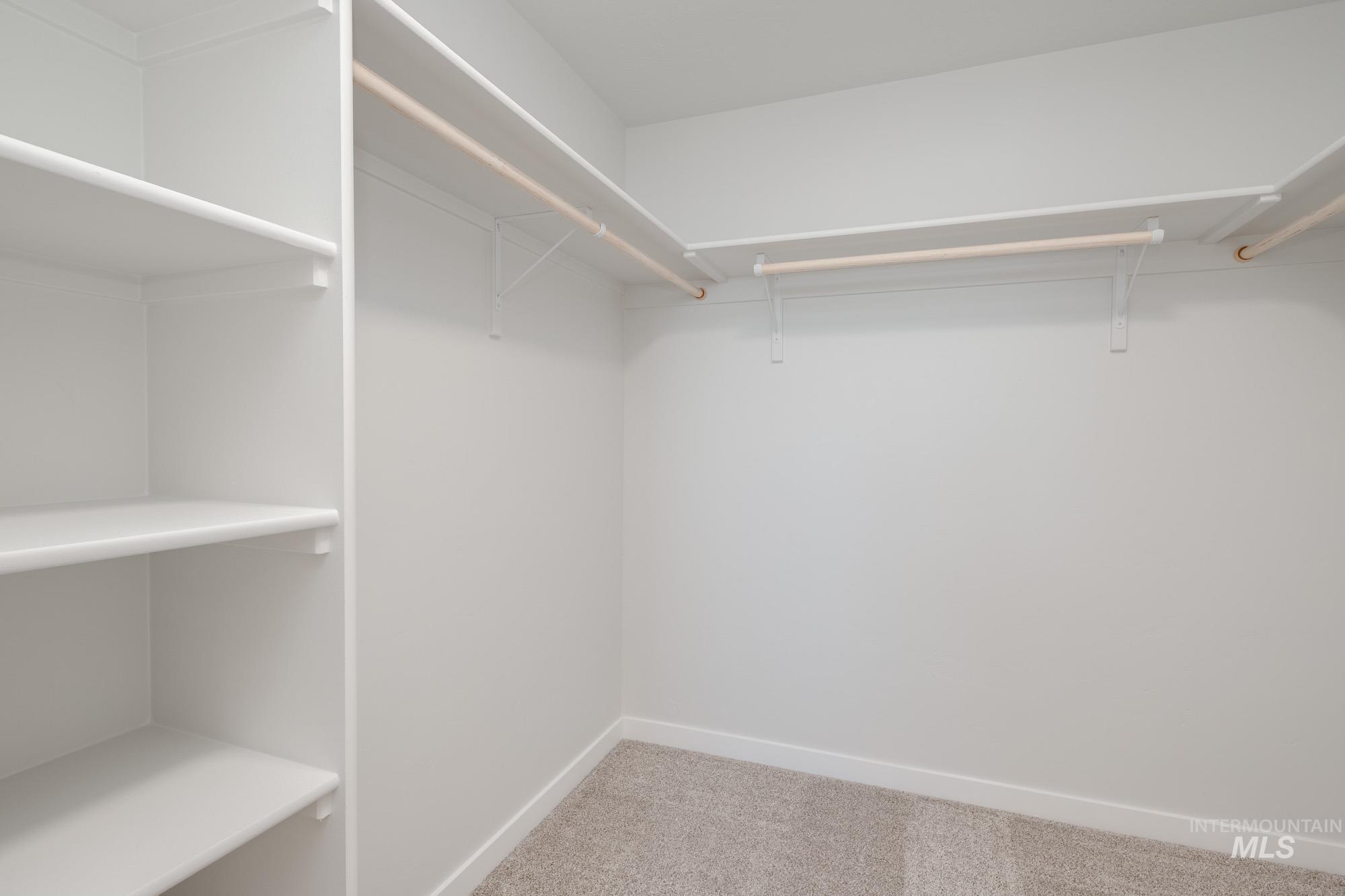Spacious closet with light colored carpet