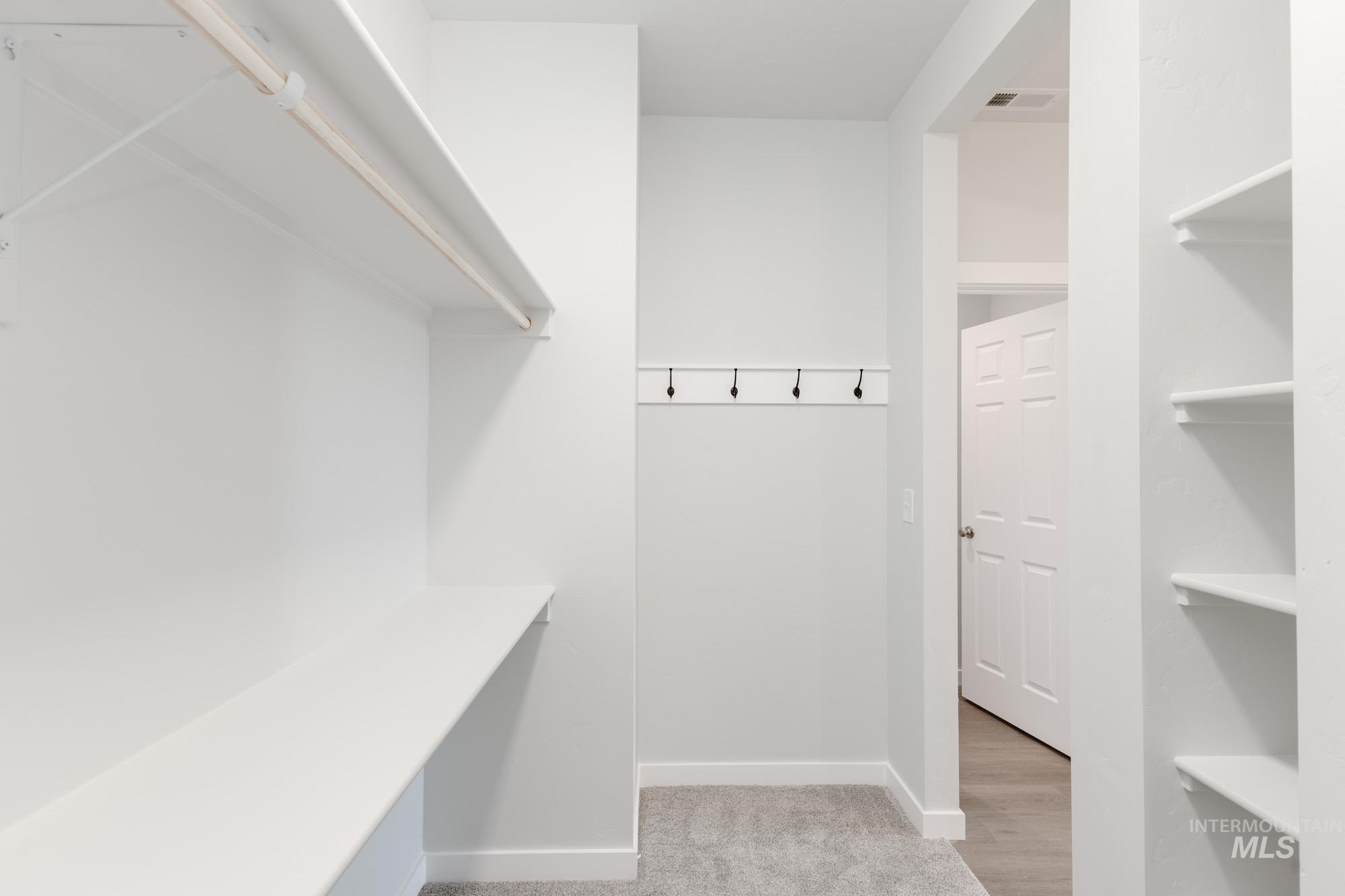 Spacious closet with light colored carpet