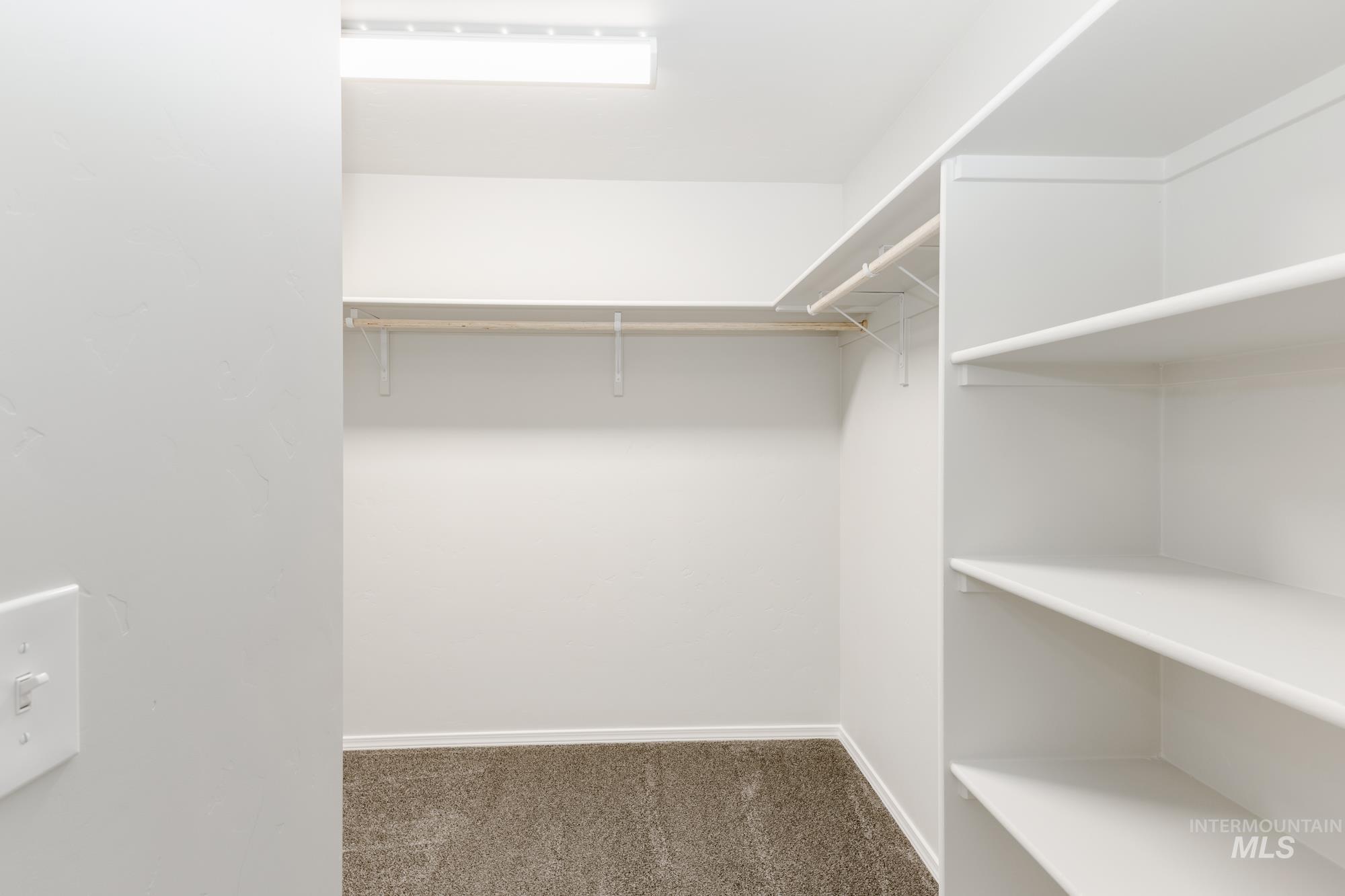 Walk in closet featuring dark carpet