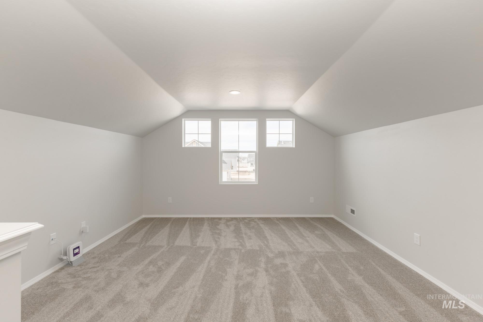 Additional living space featuring vaulted ceiling and light carpet