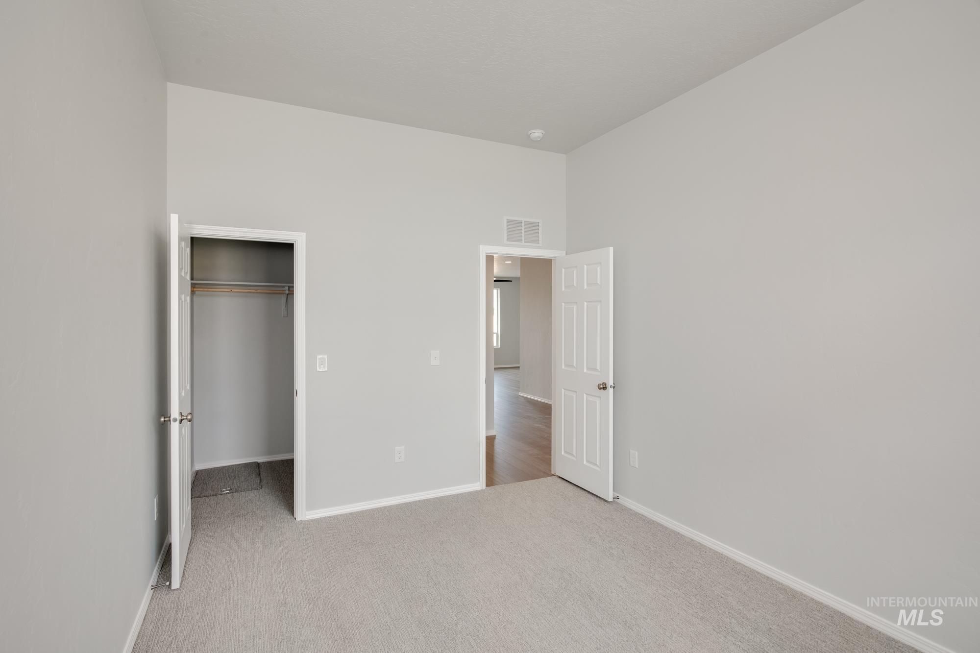 Unfurnished bedroom featuring a spacious closet and light colored carpet