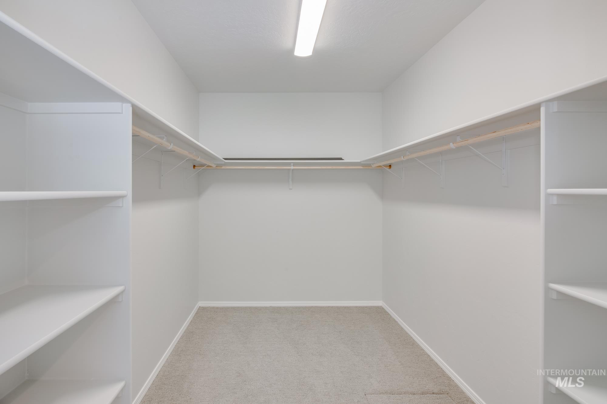 Walk in closet featuring light colored carpet