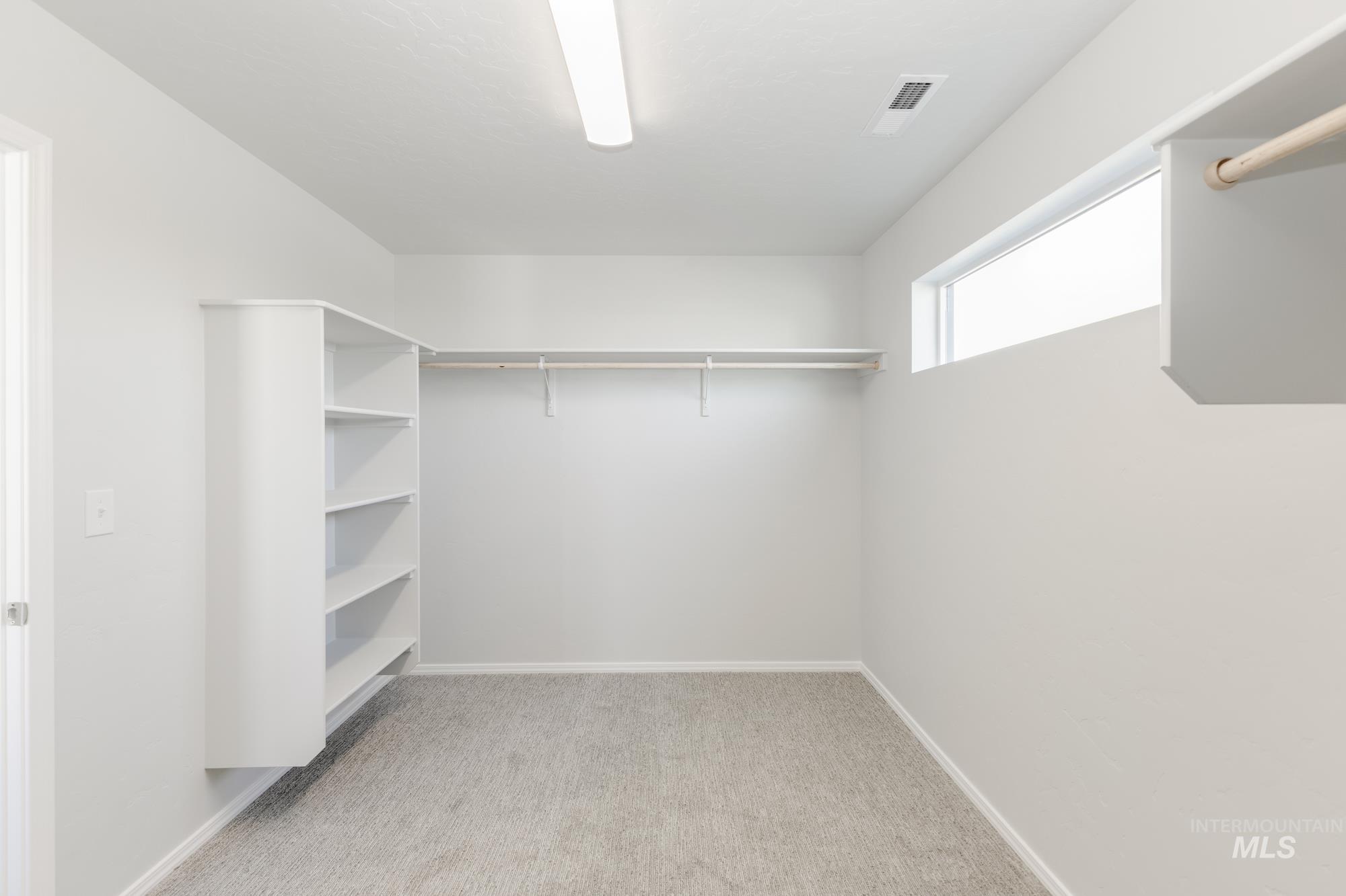 Walk in closet with light carpet