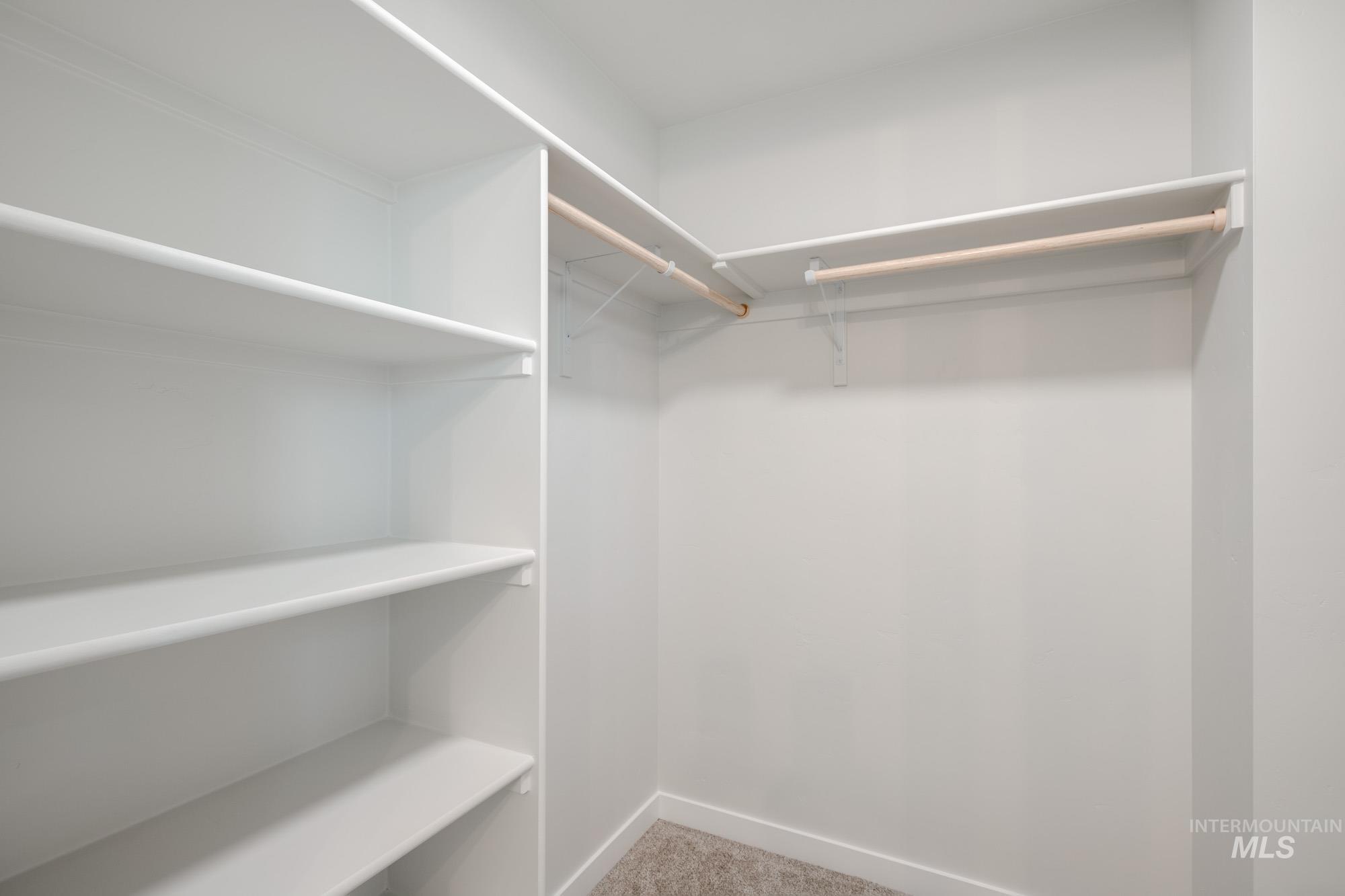 Spacious closet with light carpet