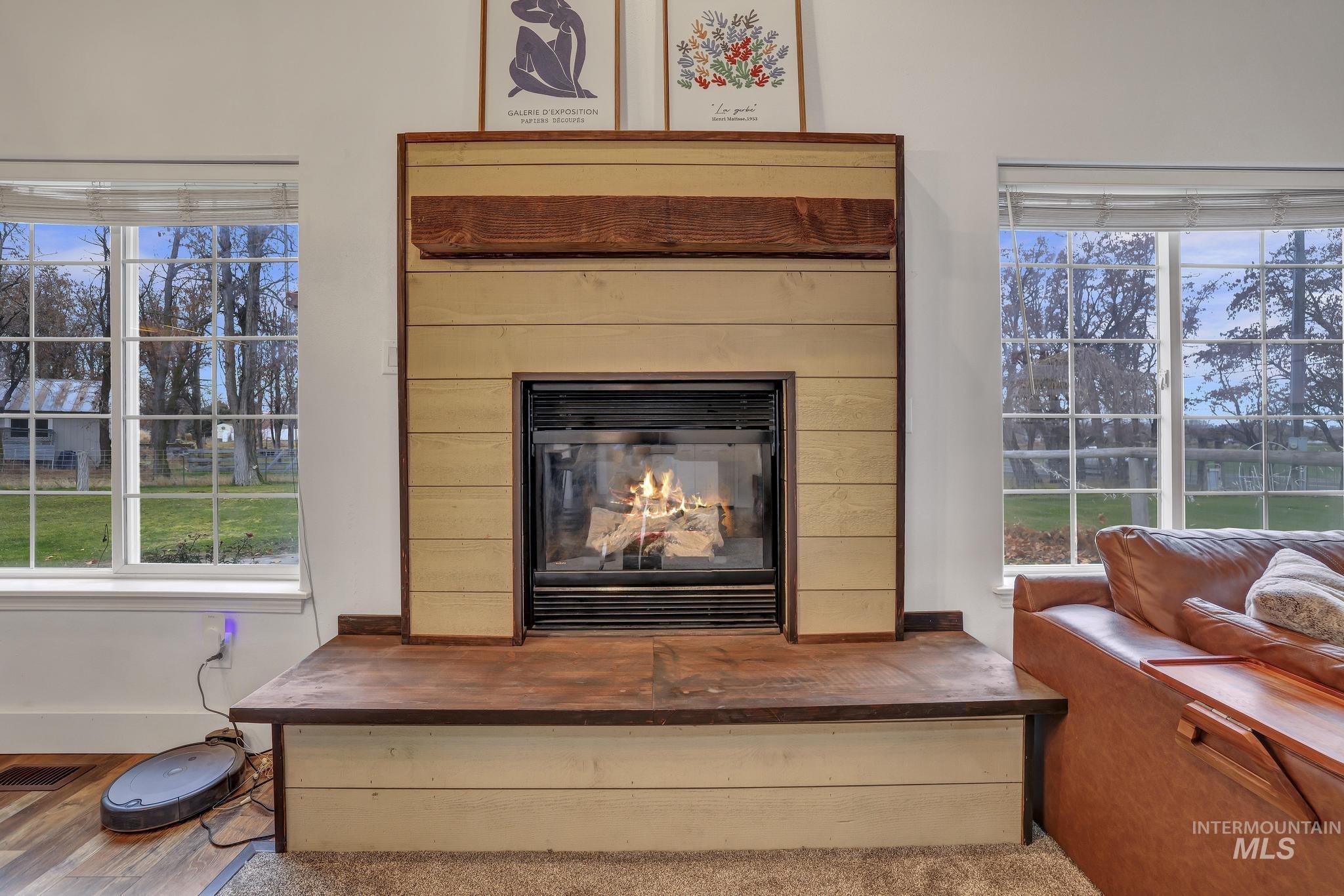 Detailed view of a glass covered fireplace
