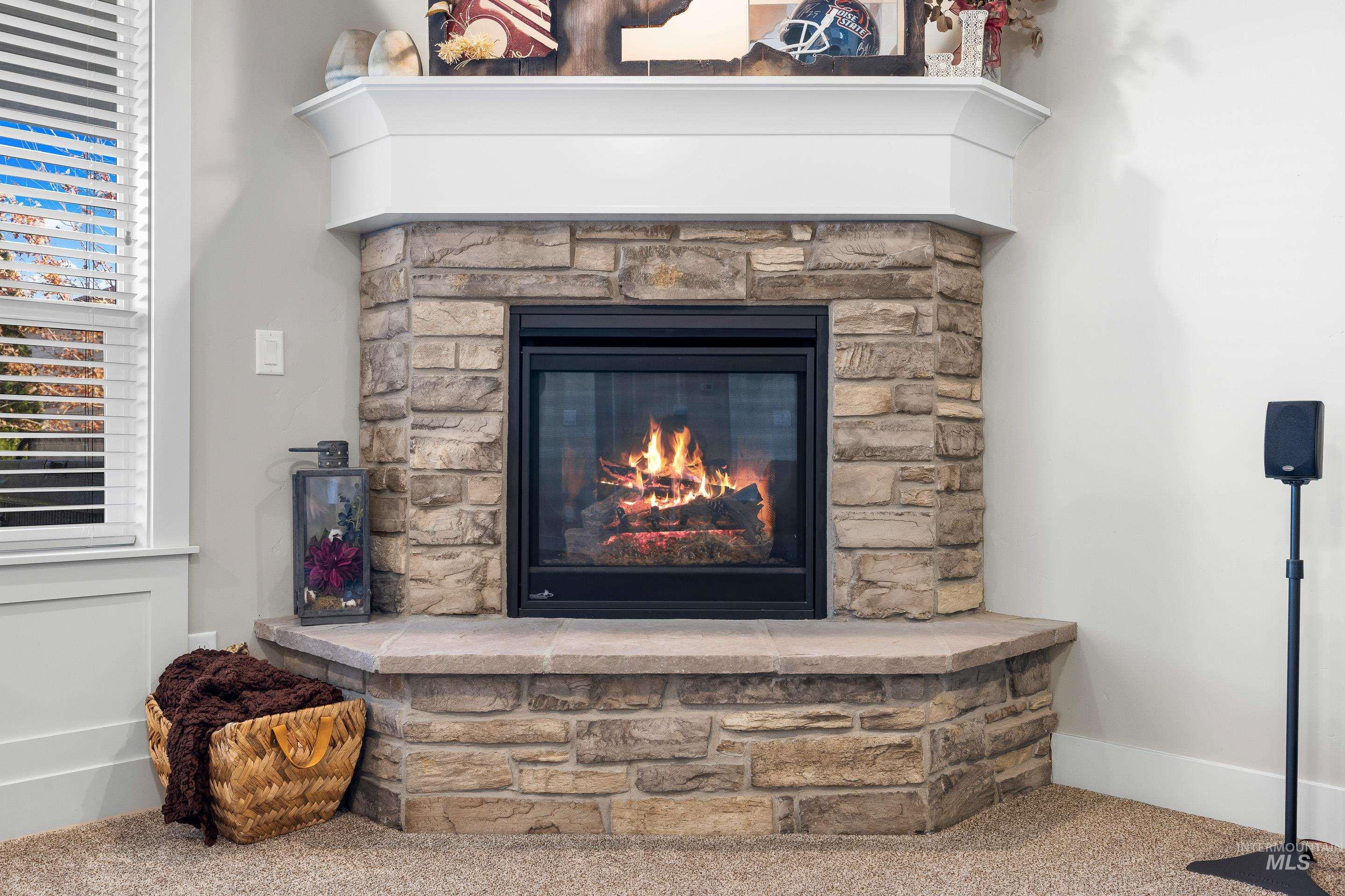 Detailed view of carpet flooring and a stone fireplace