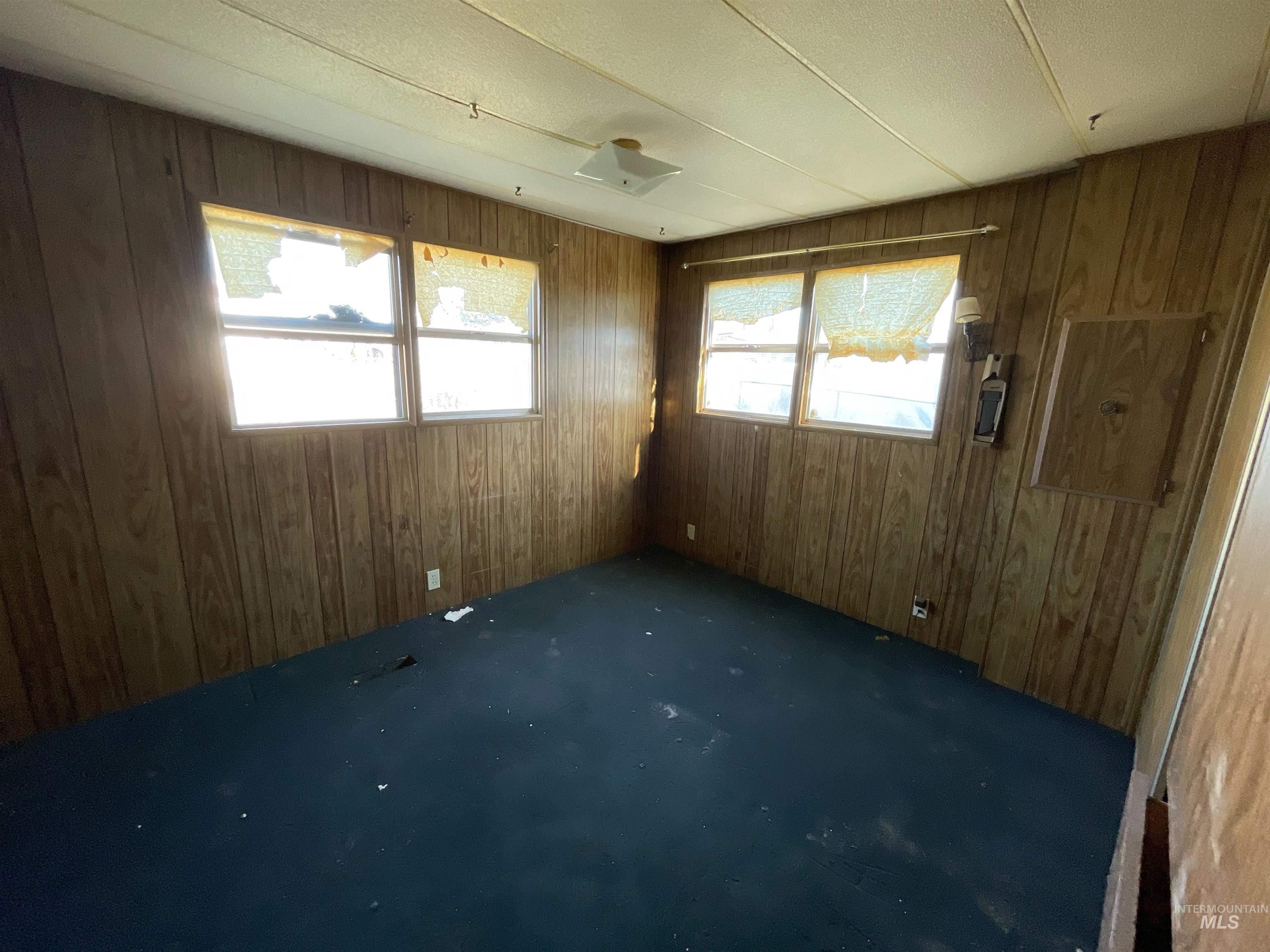 Carpeted spare room featuring wood walls