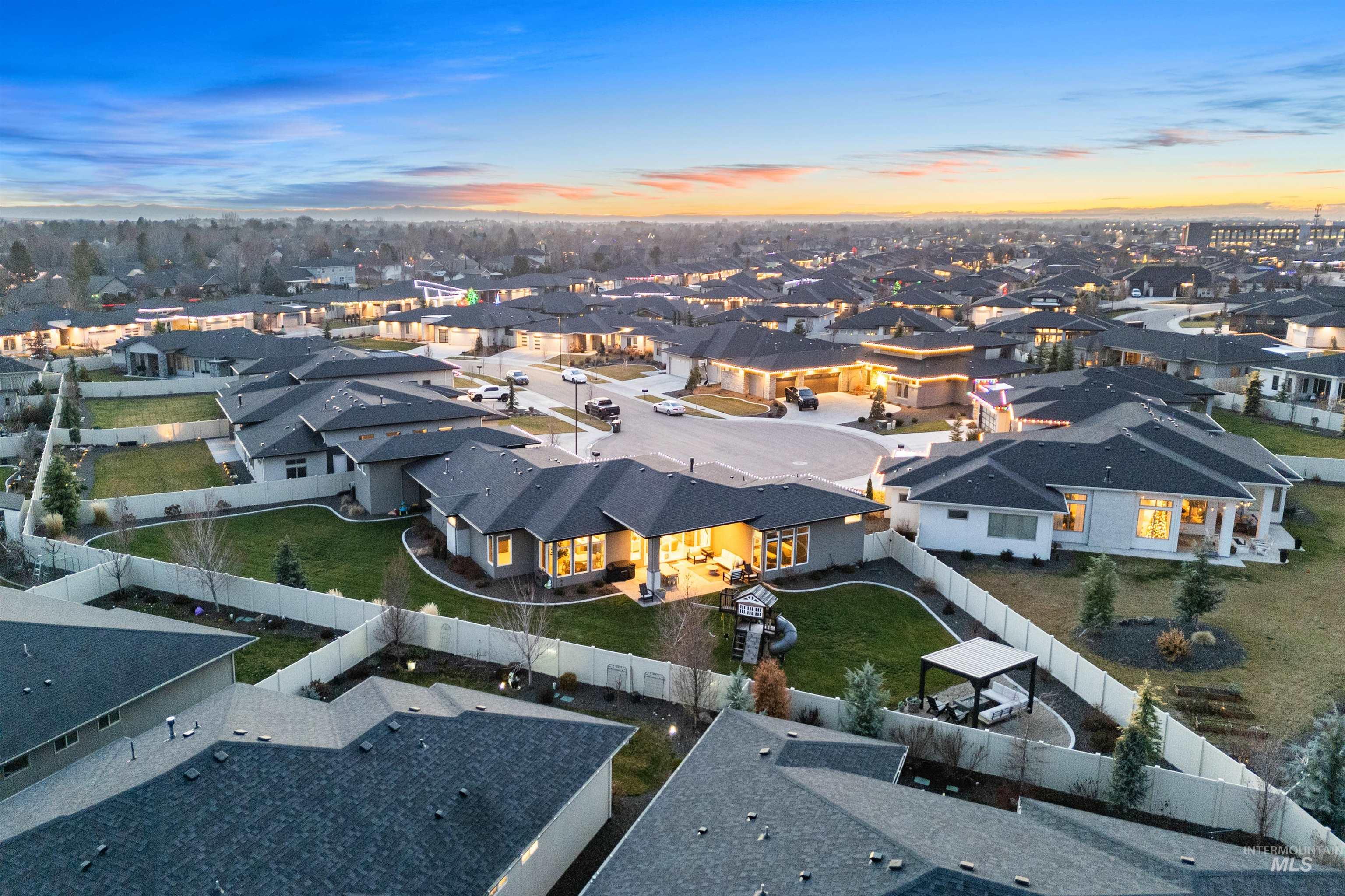 Aerial view at dusk of a residential view