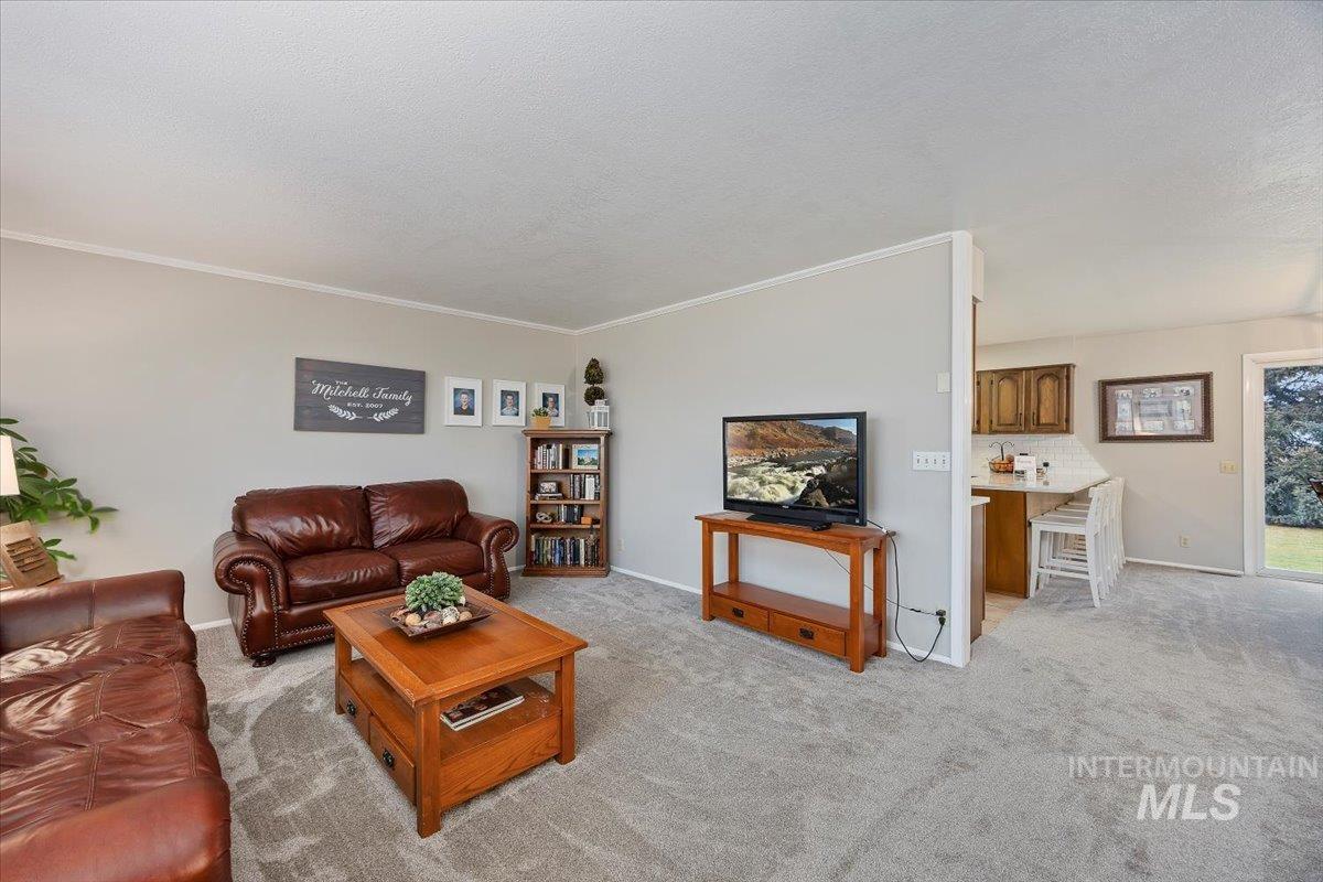 Living area featuring light colored carpet, a textured ceiling, and crown molding