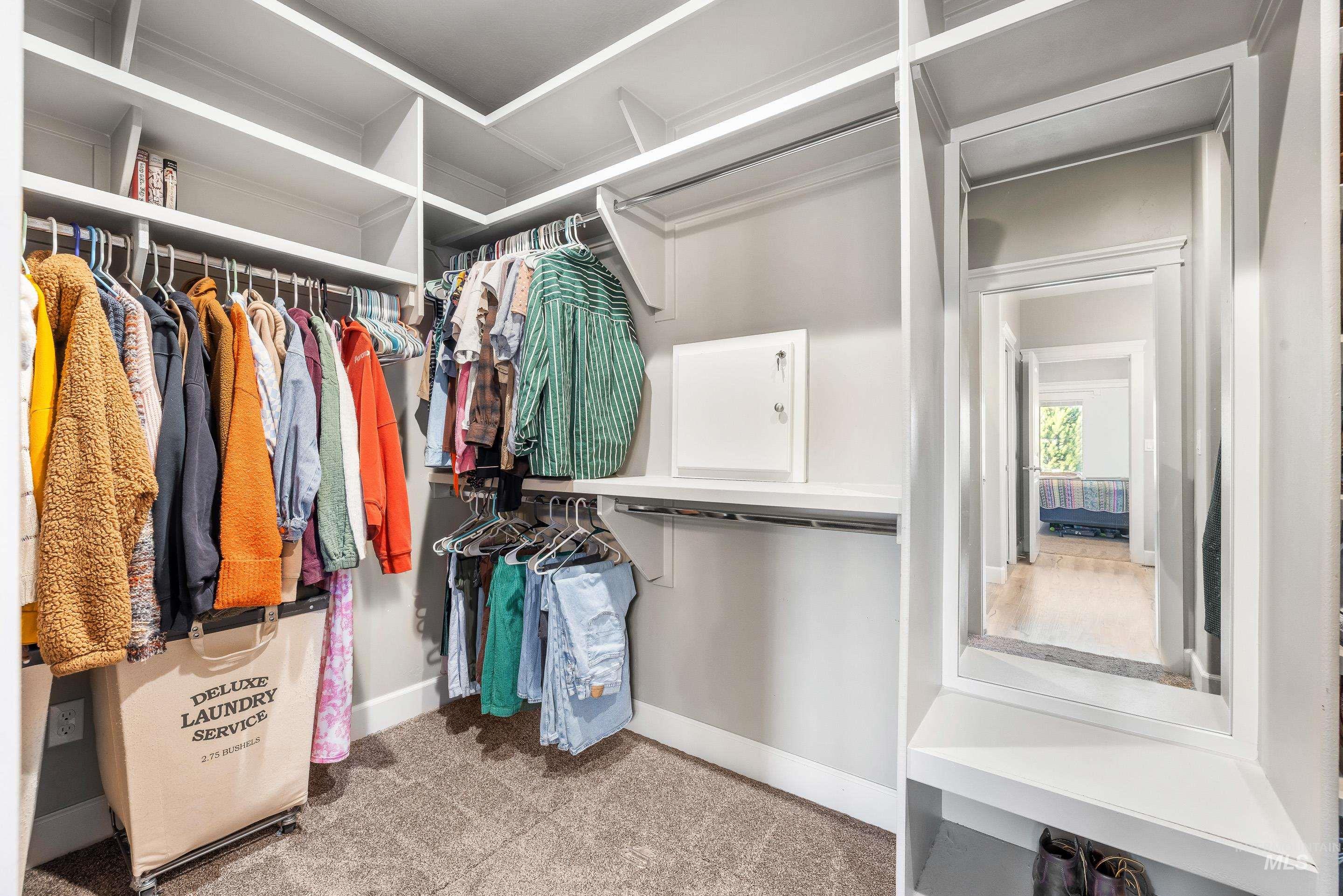 Walk in closet featuring light carpet