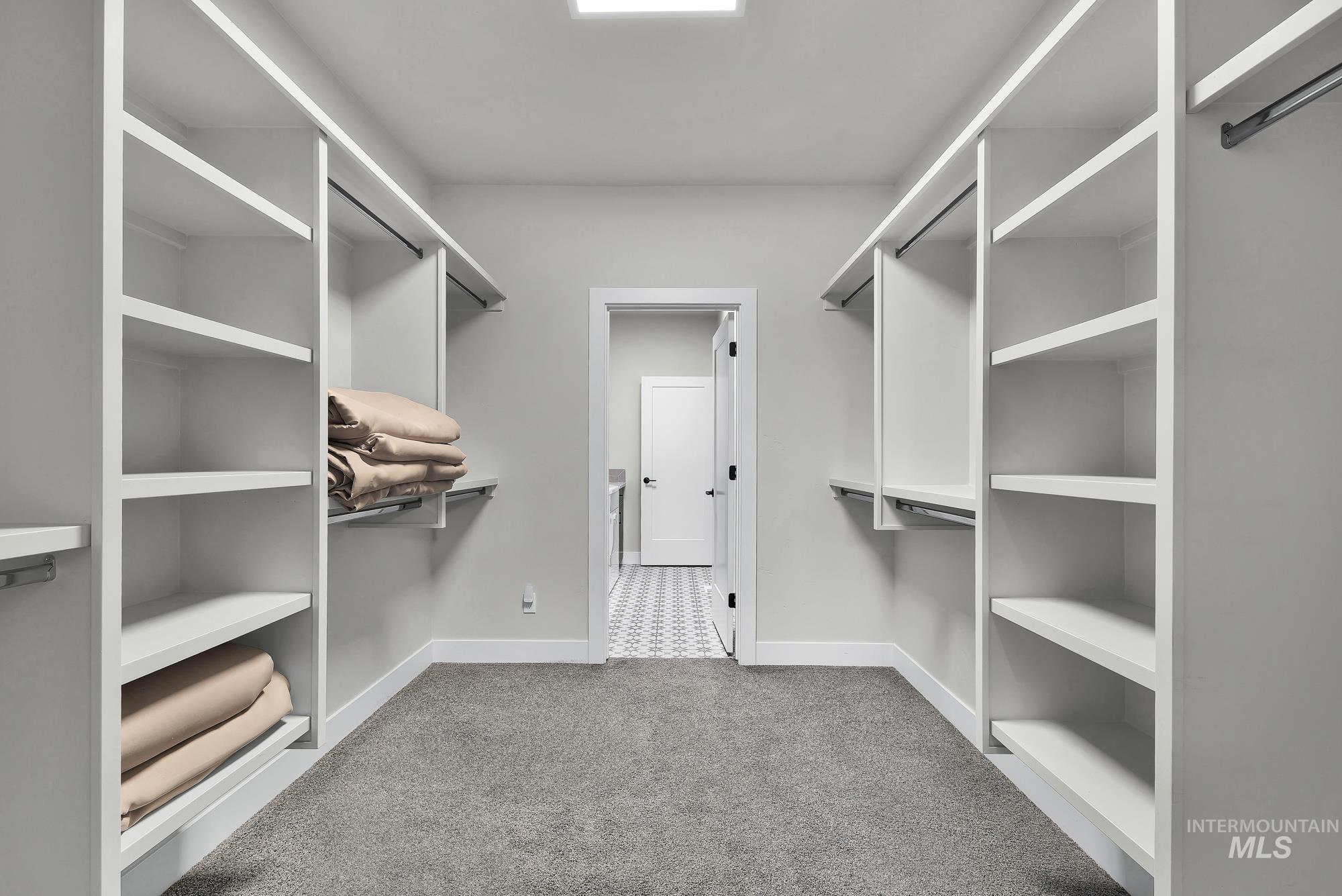 Walk in closet featuring light colored carpet