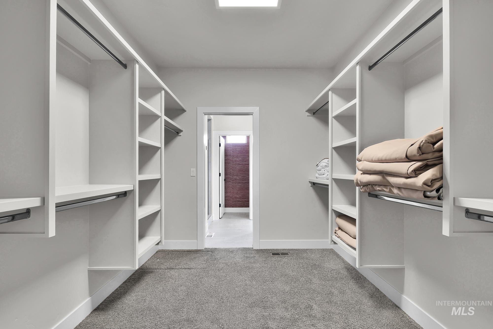 Walk in closet with light colored carpet