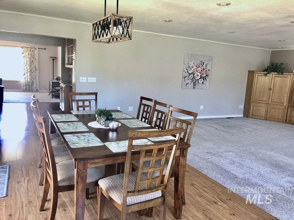Dining space with crown molding, light wood-style floors, and light colored carpet