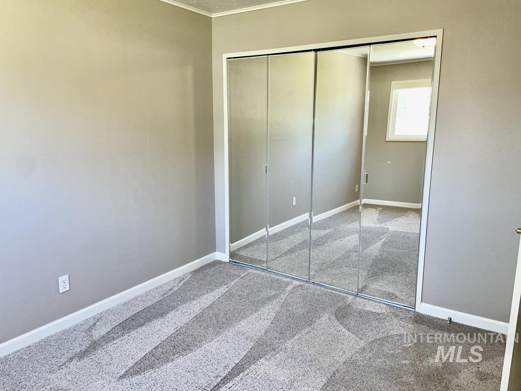 Unfurnished bedroom featuring a closet, carpet floors, and ornamental molding