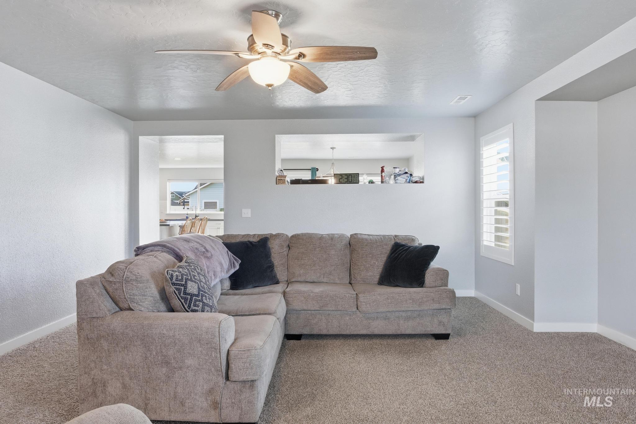 Living room featuring a ceiling fan, healthy amount of natural light, and carpet floors