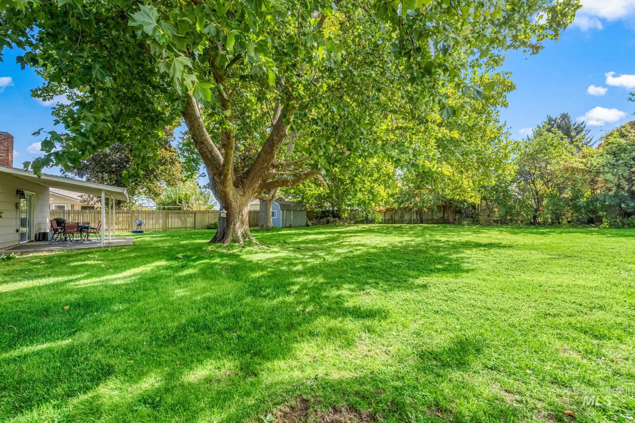 Fenced backyard featuring a patio area and a shed