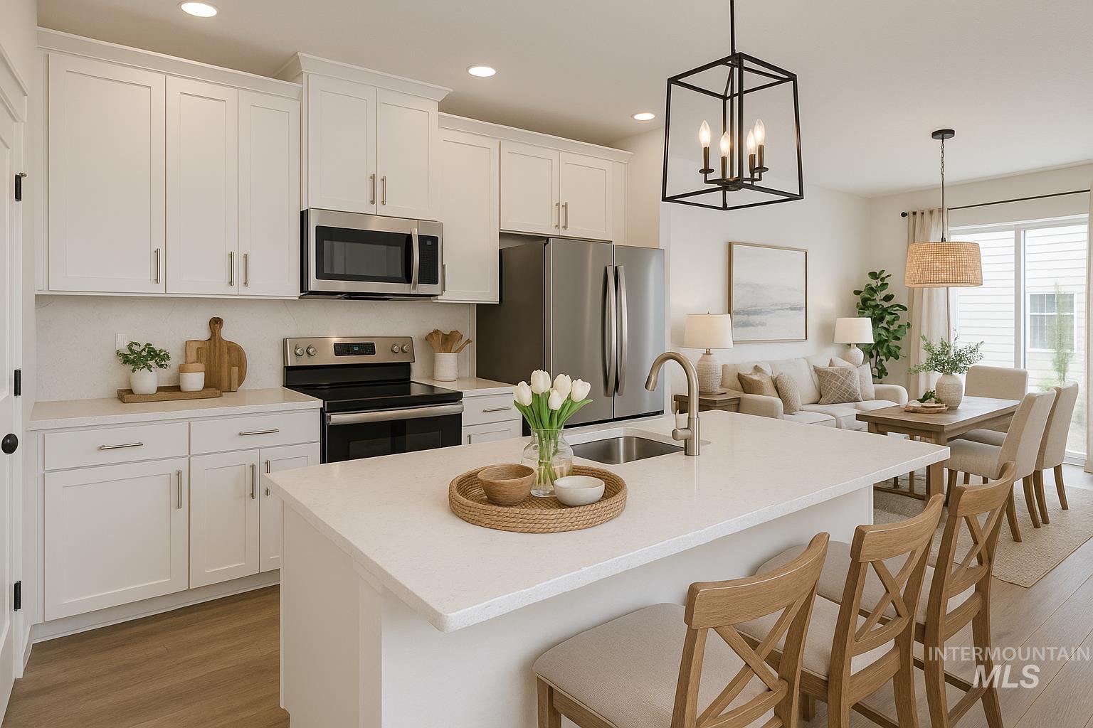 Kitchen with appliances with stainless steel finishes, white cabinets, recessed lighting, hanging light fixtures, and light wood finished floors
