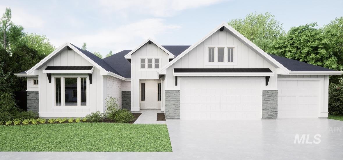 Modern inspired farmhouse featuring board and batten siding, stone siding, and driveway