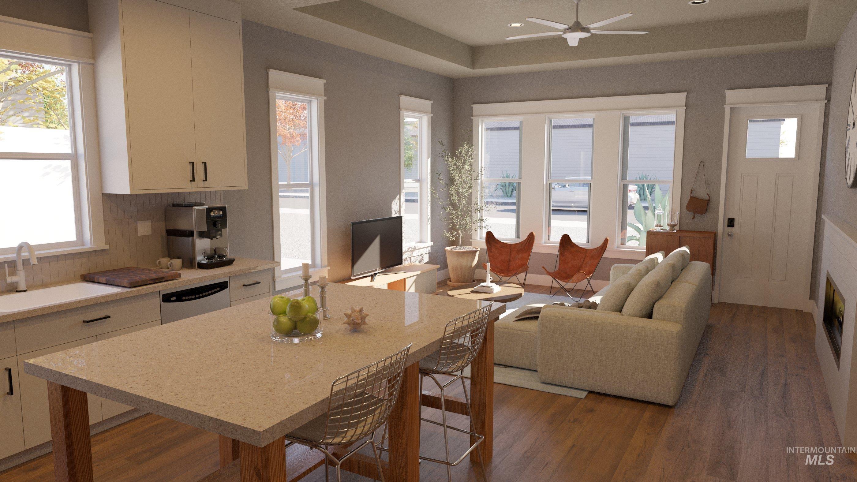 Kitchen featuring wood finished floors, backsplash, ceiling fan, dishwasher, and white cabinetry