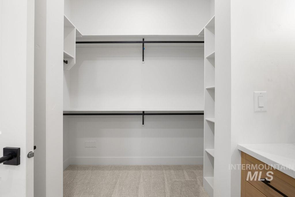 Walk in closet featuring light colored carpet