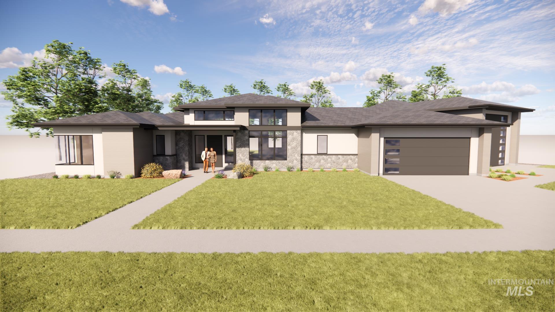 Prairie-style house featuring a garage, driveway, a front yard, and stone siding