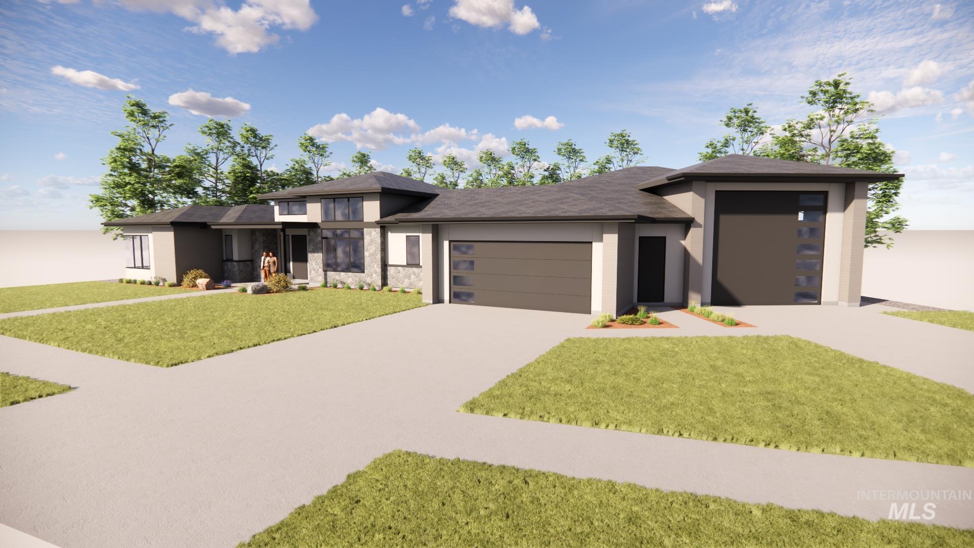 Prairie-style house featuring an attached garage, stone siding, driveway, a front lawn, and stucco siding