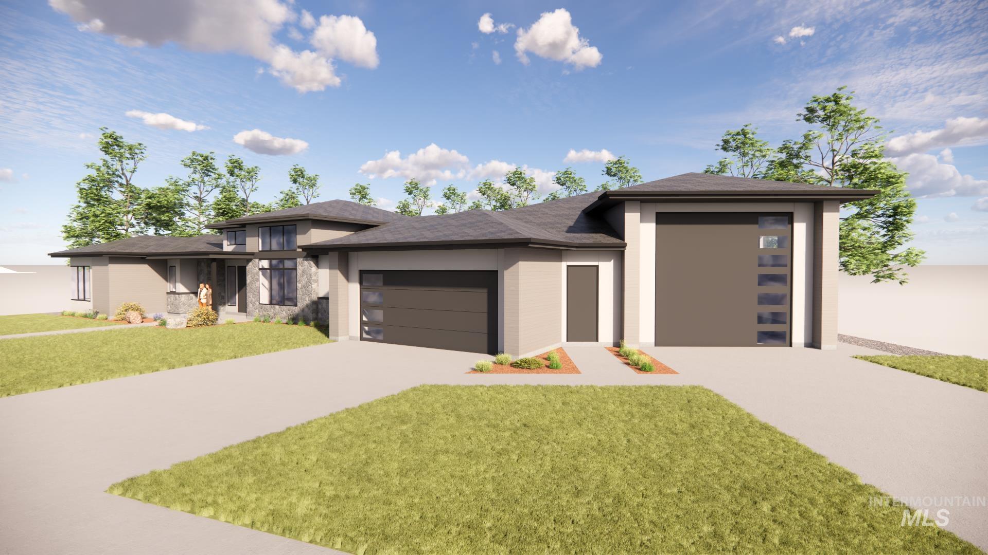 Prairie-style home featuring a garage, concrete driveway, a front lawn, roof with shingles, and stucco siding