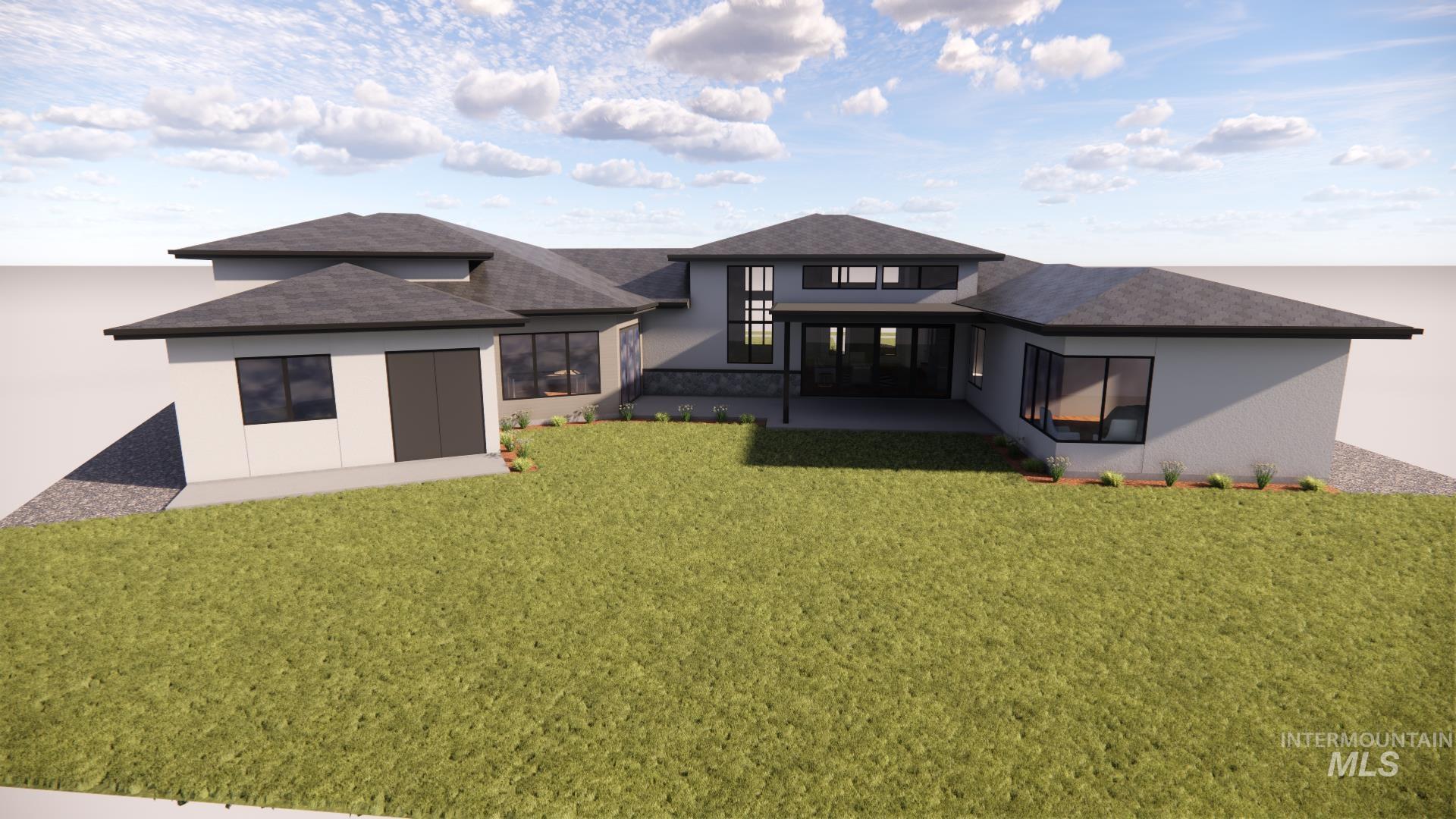 Back of property with roof with shingles, a yard, stucco siding, and a sunroom