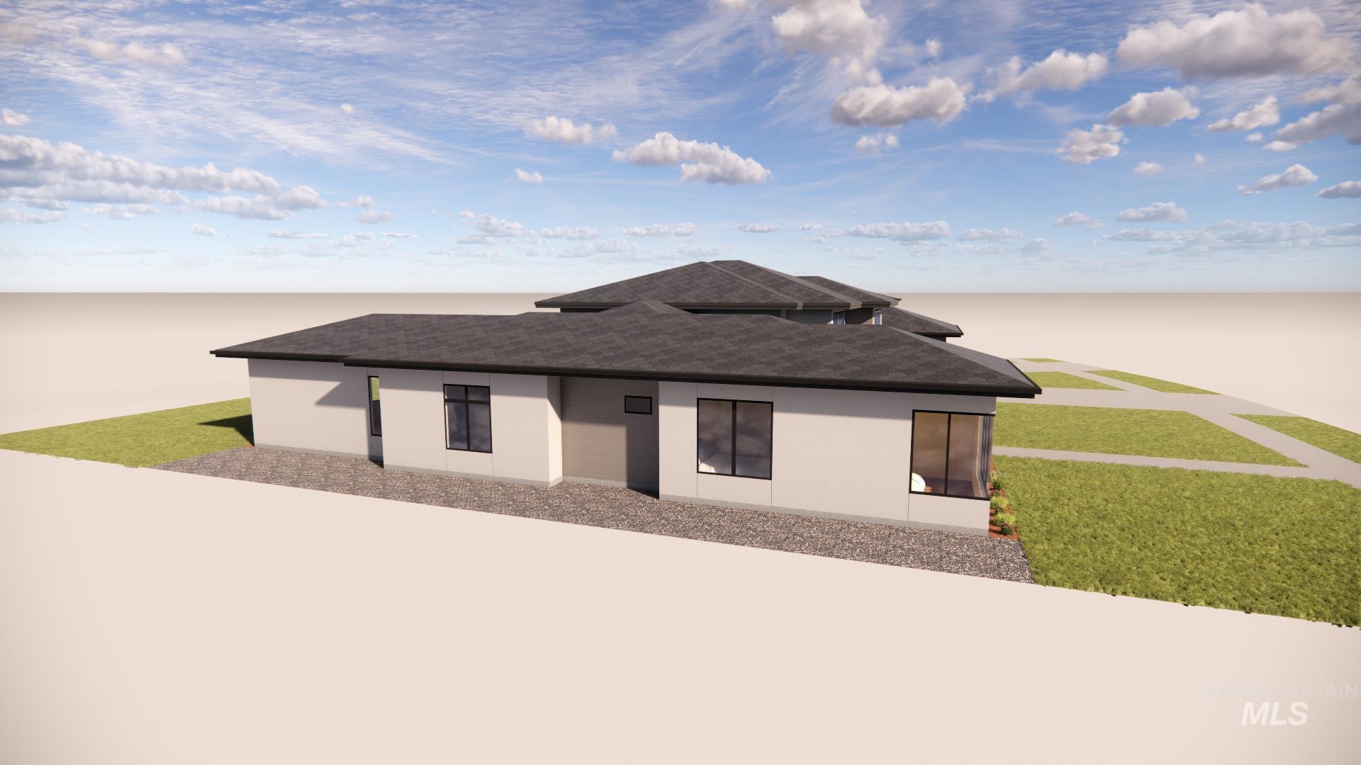 View of front of house featuring roof with shingles, stucco siding, and a front yard