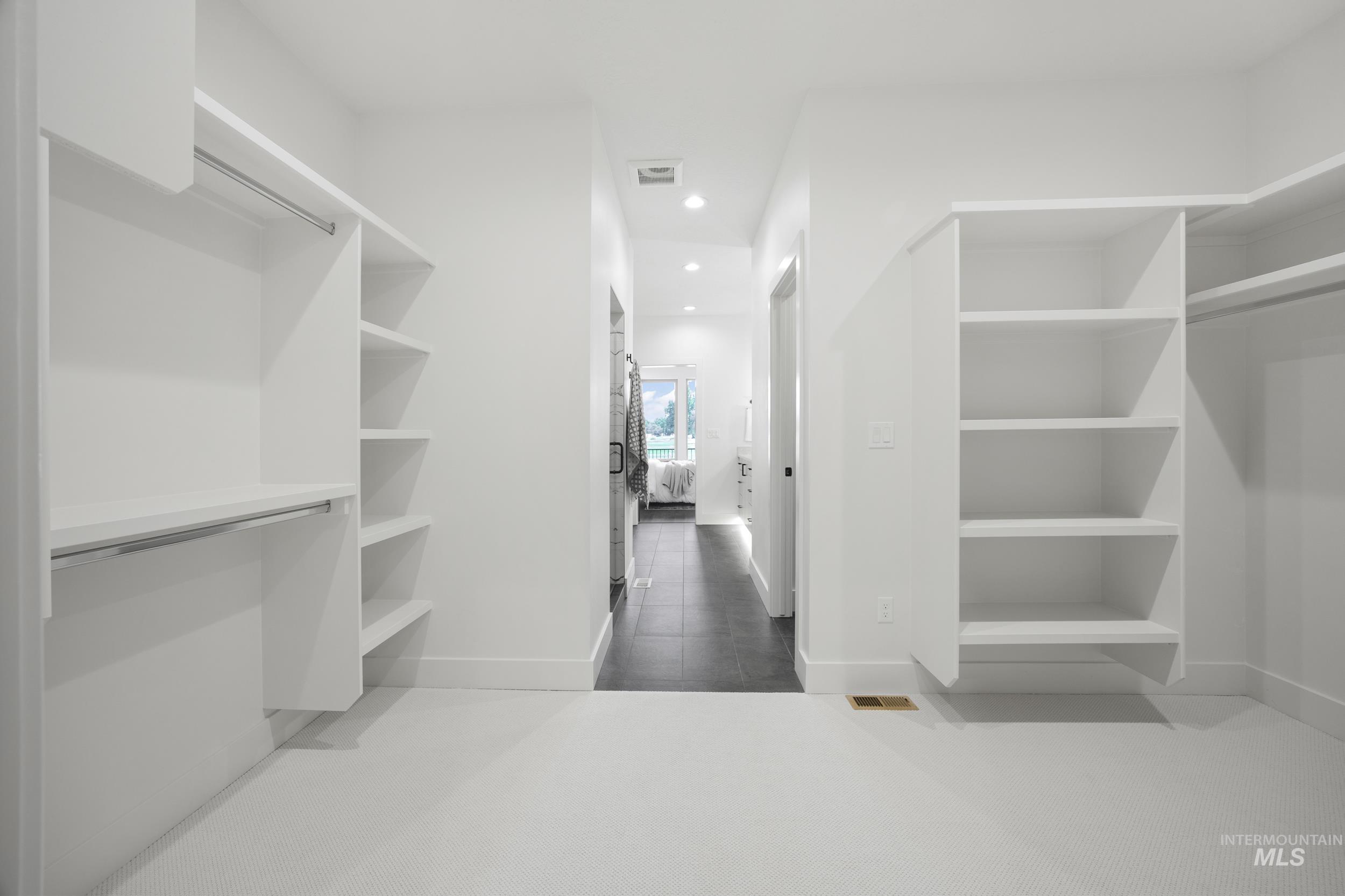Spacious closet featuring dark carpet