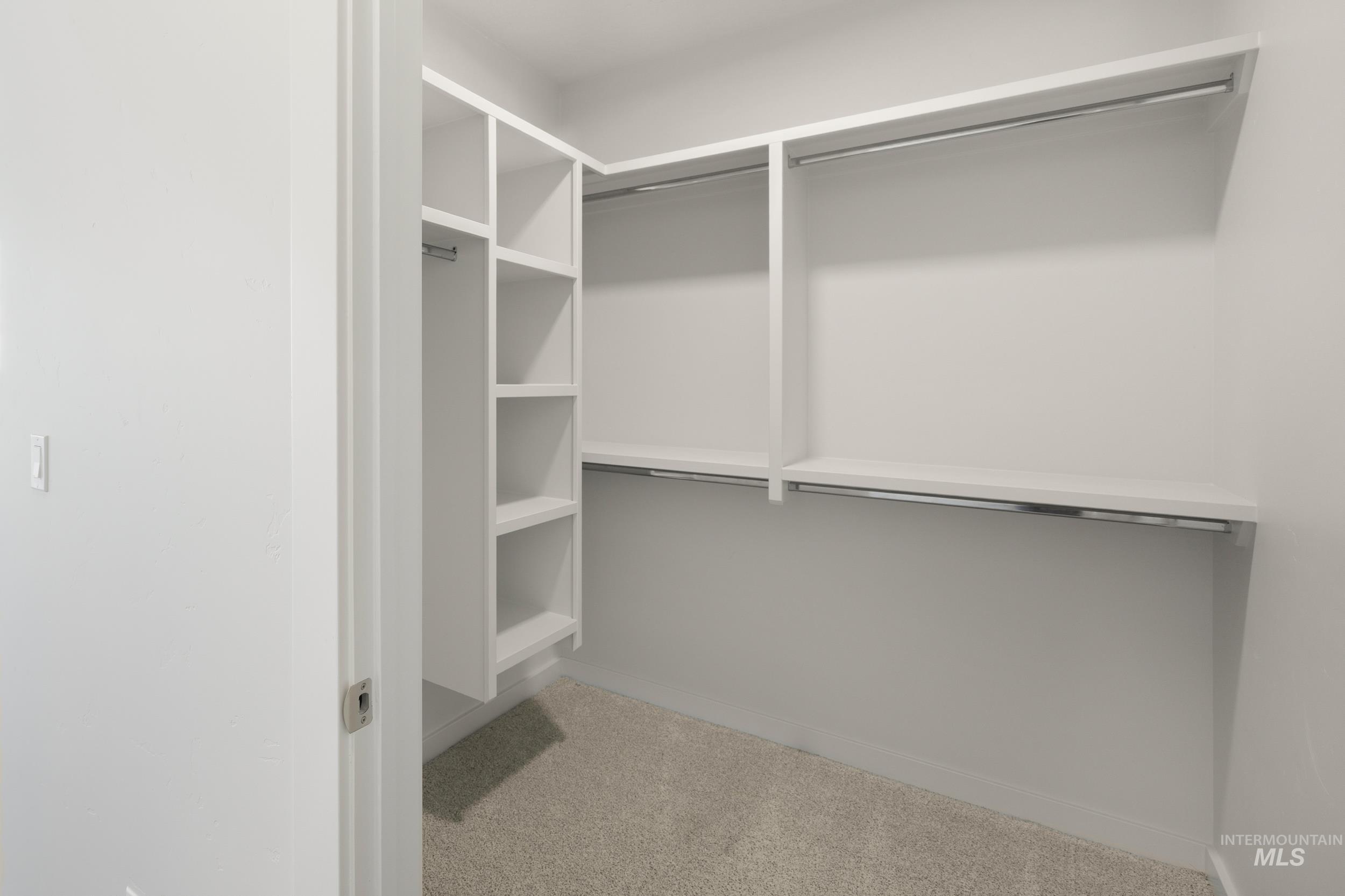 Spacious closet with light carpet