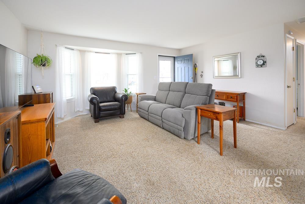 Living area with light carpet