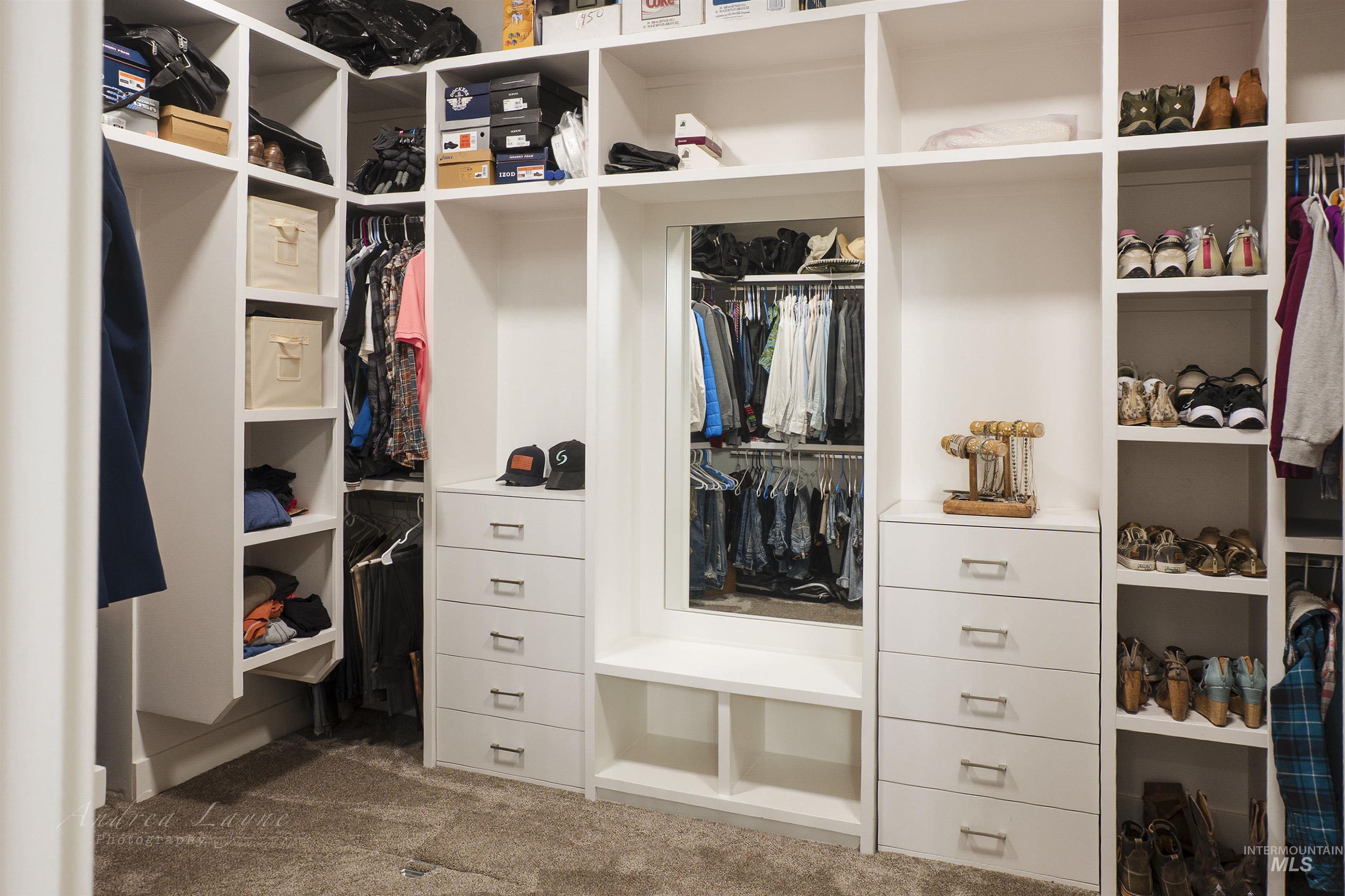 Spacious closet with dark carpet