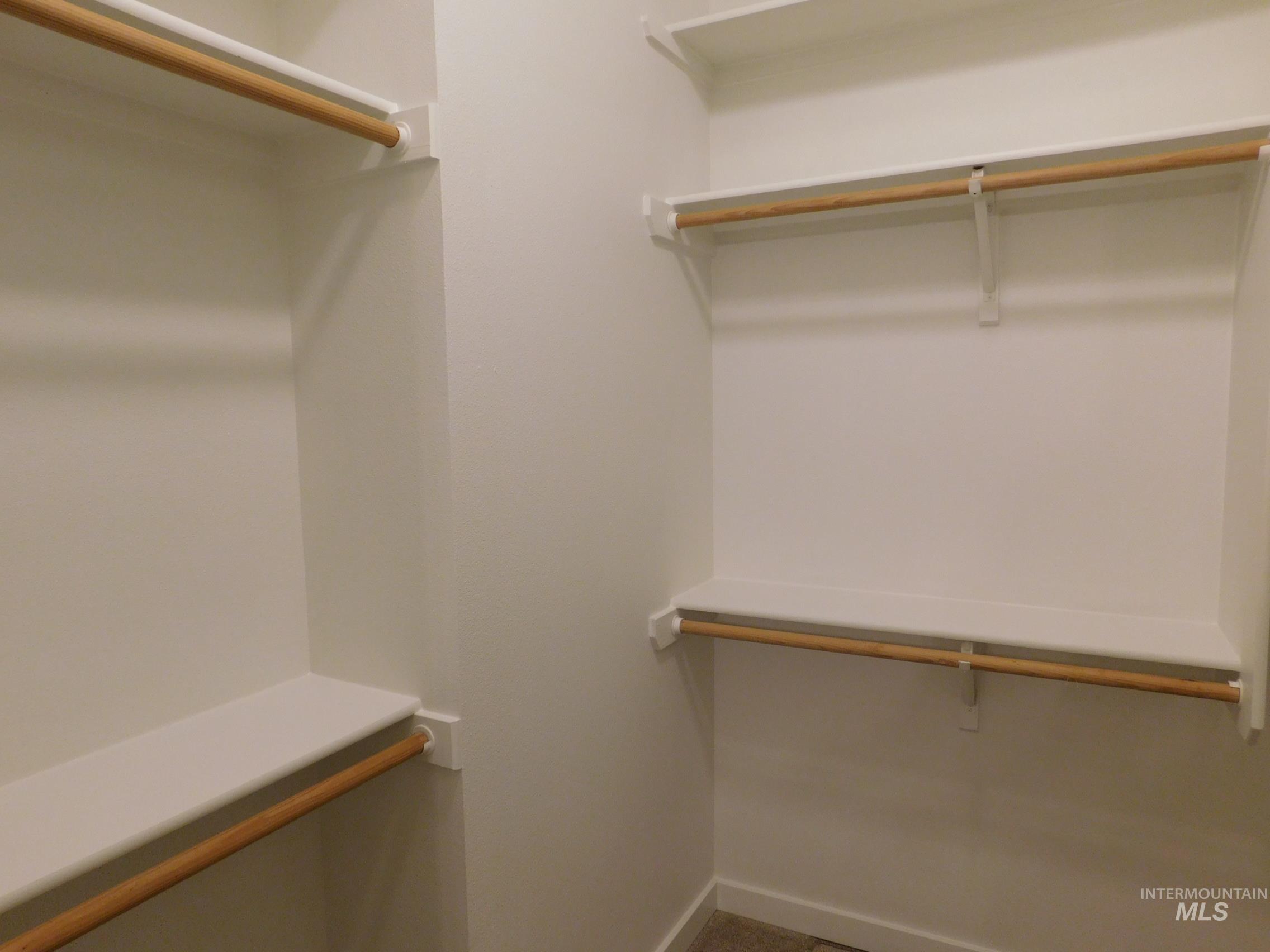 Walk in closet featuring dark colored carpet