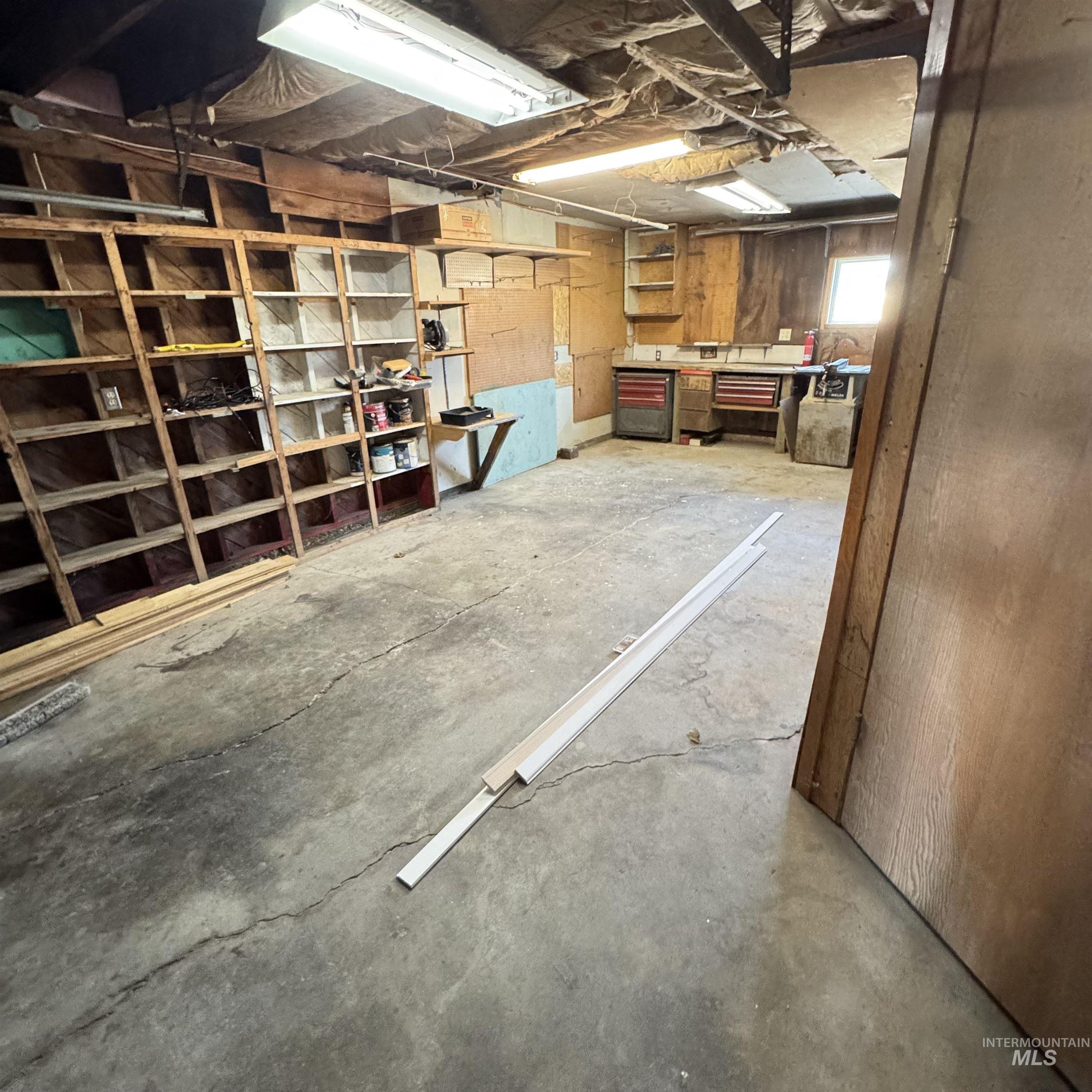 Basement with a workshop area