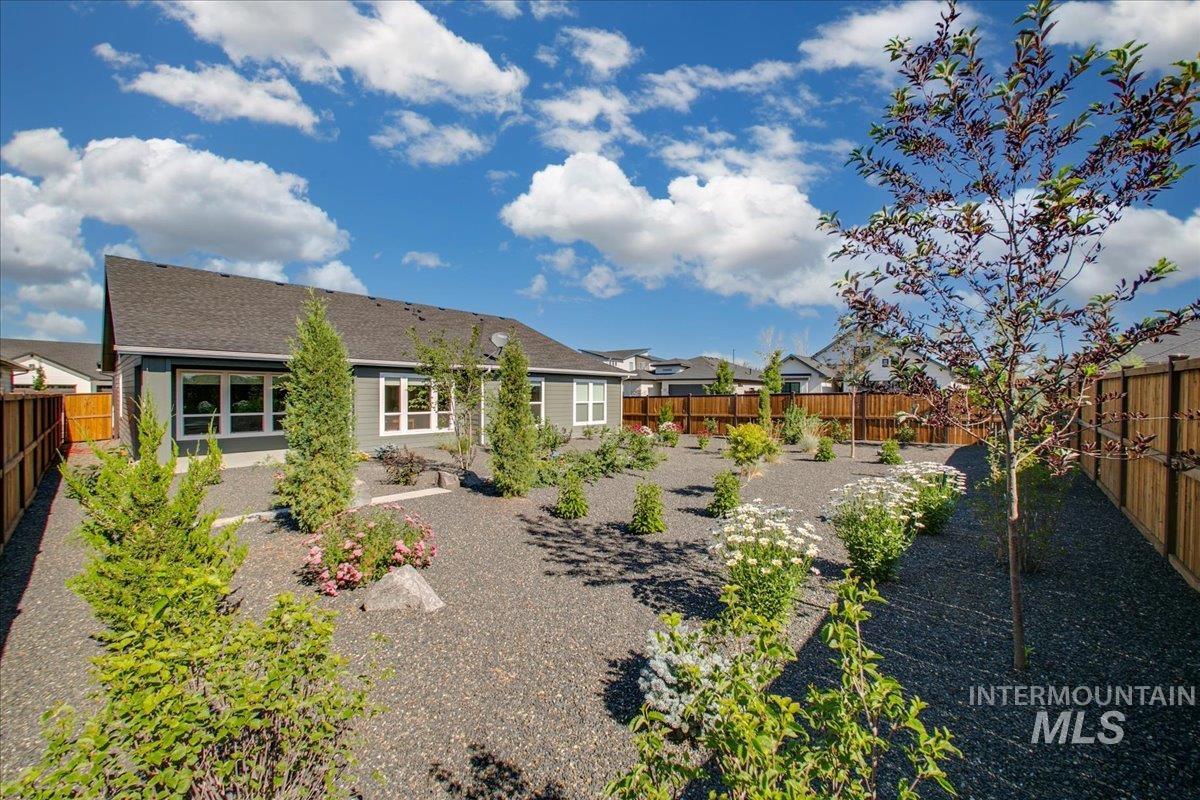 Back of house with a fenced backyard and roof with shingles