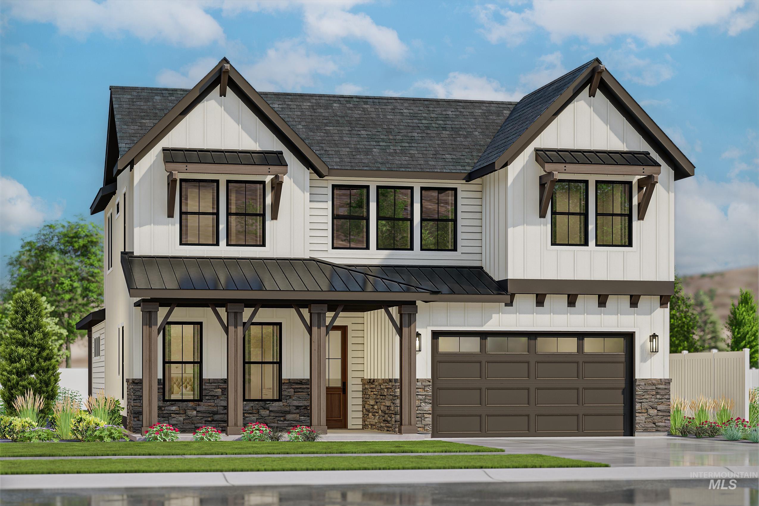 Modern farmhouse with a standing seam roof, a metal roof, a porch, and board and batten siding