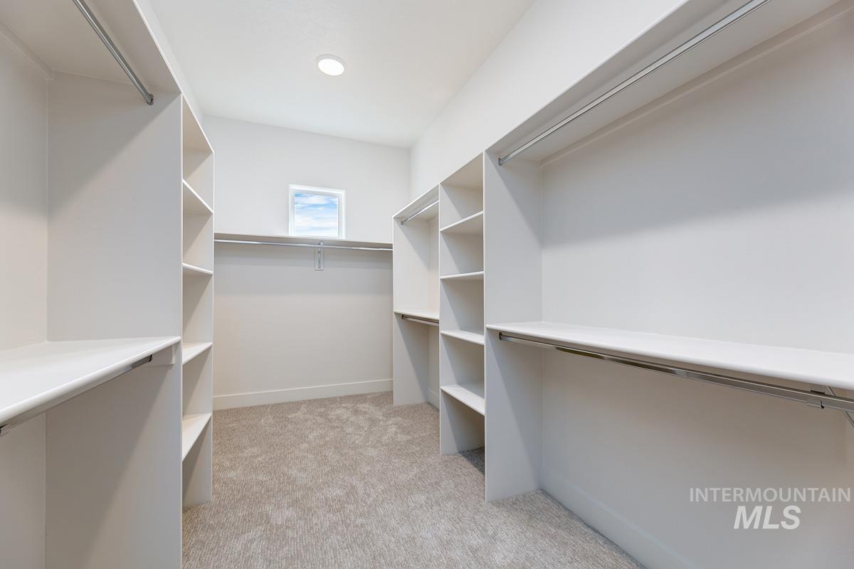 Walk in closet featuring light colored carpet