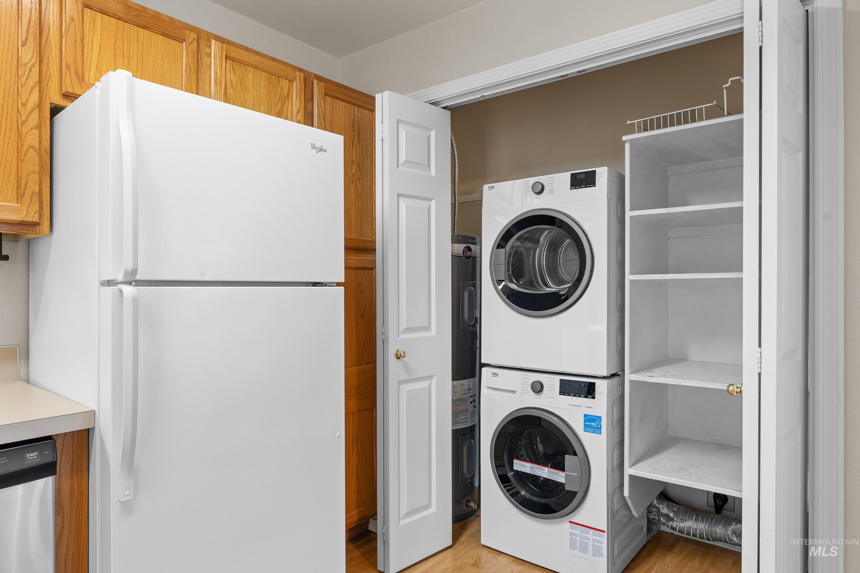 stacked washing machine and dryer,  and water heater
