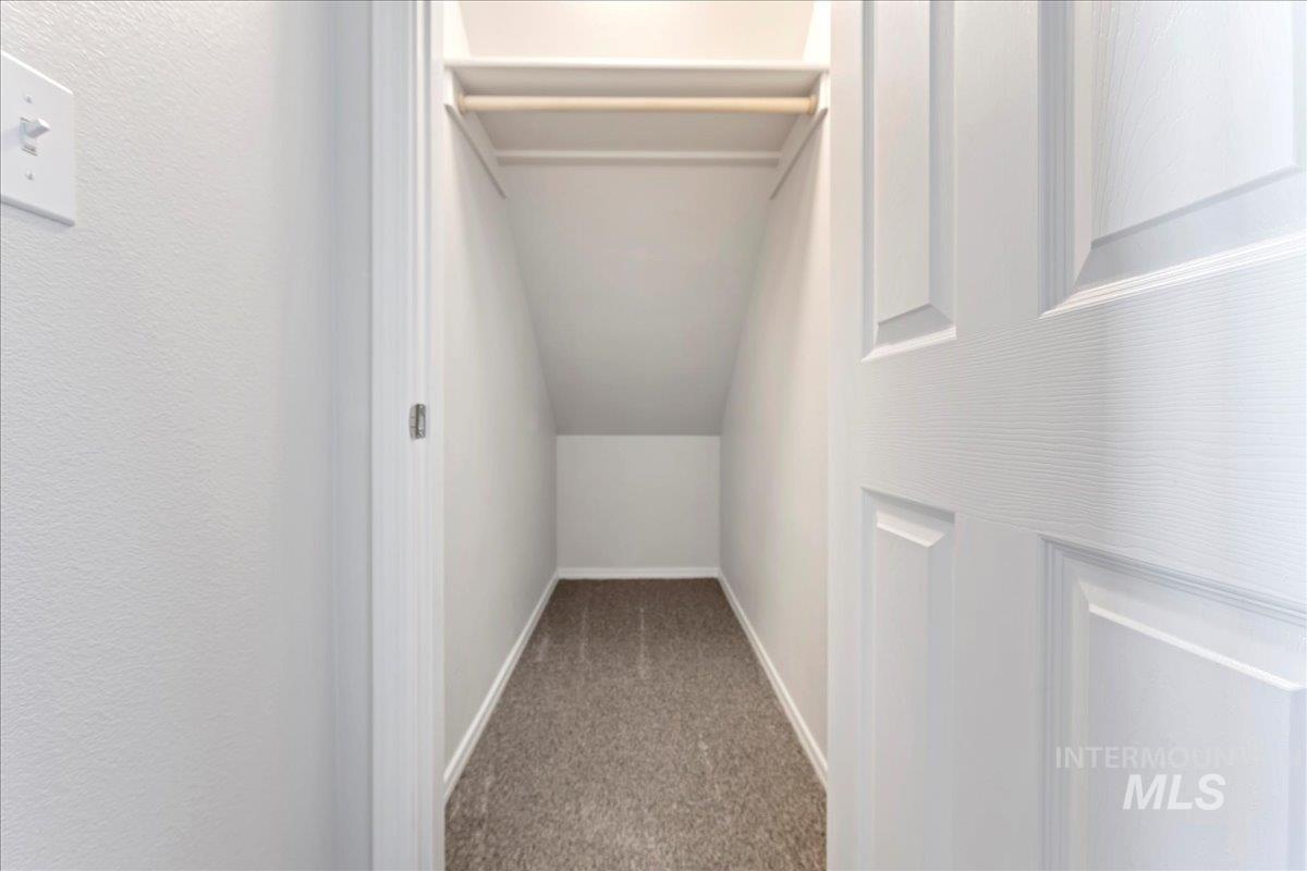Walk in closet featuring light carpet and lofted ceiling