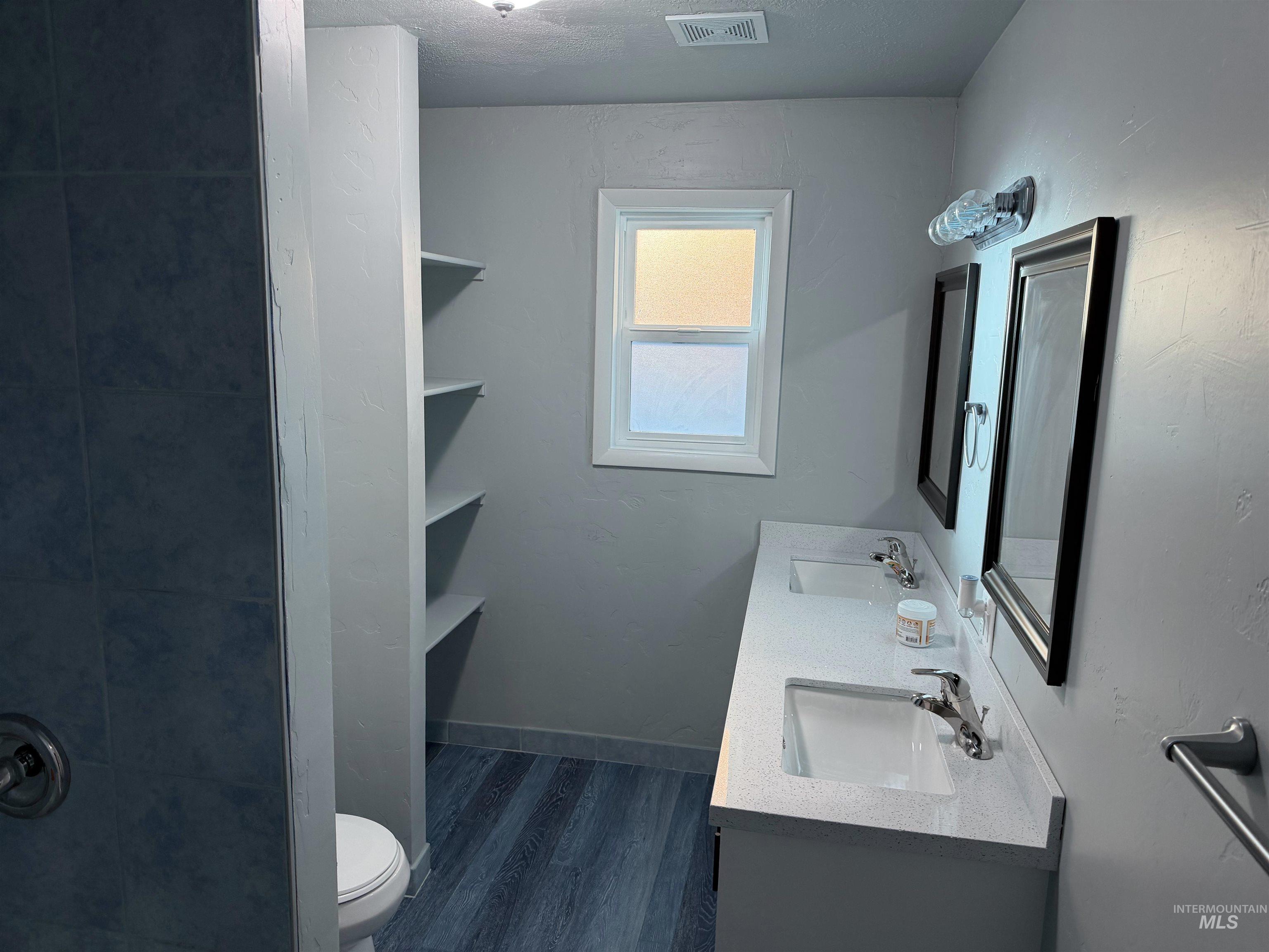 Bathroom with double vanity and dark wood-style floors