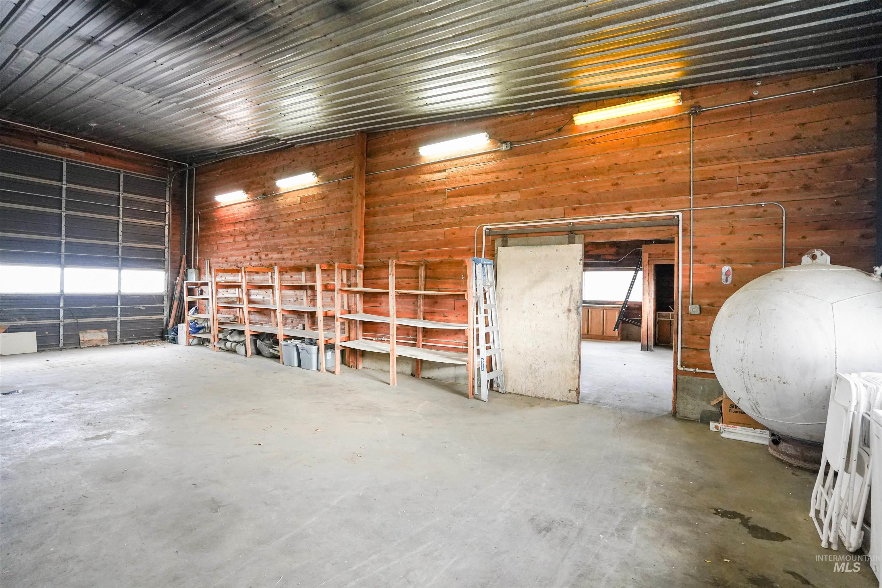 Garage with wood walls