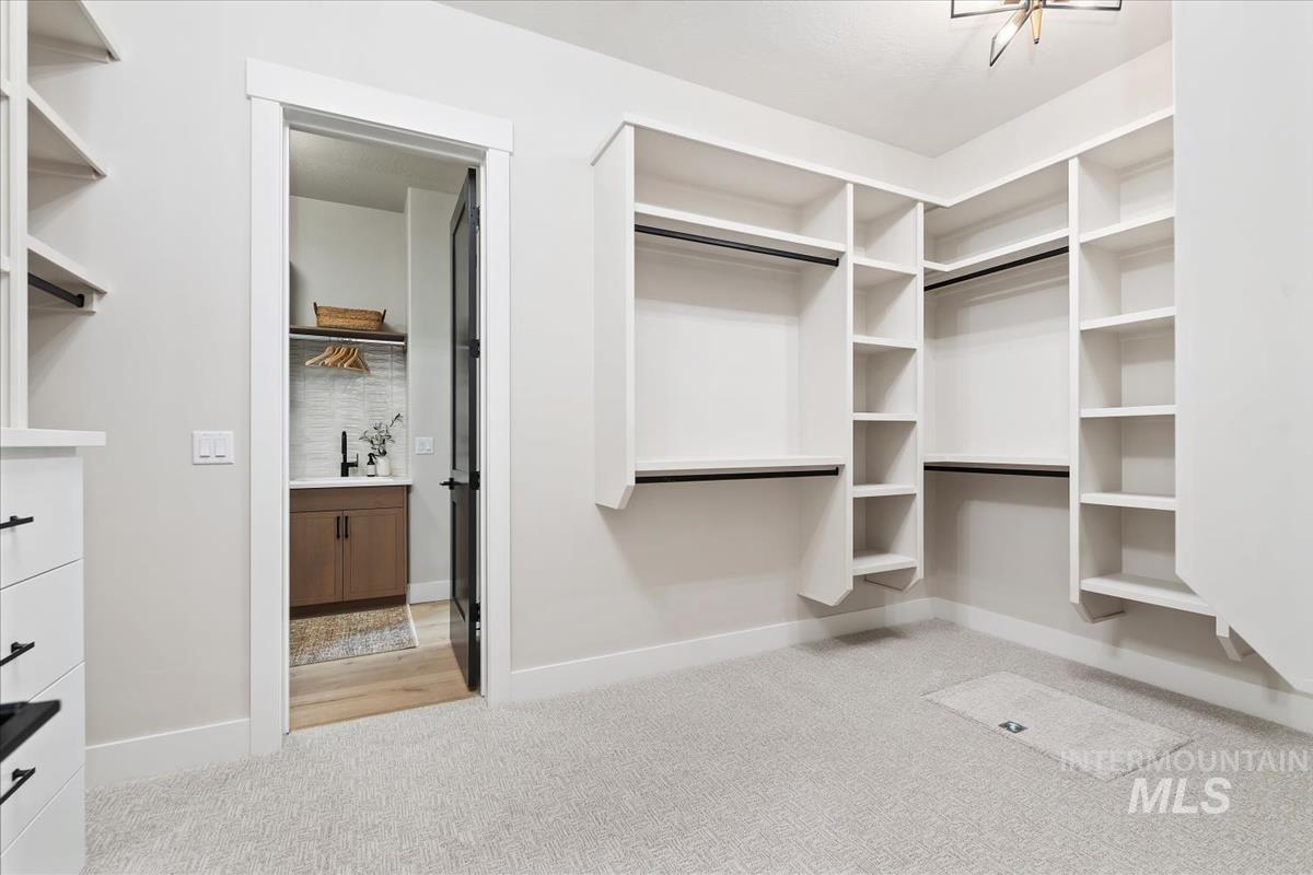 Spacious closet featuring light colored carpet