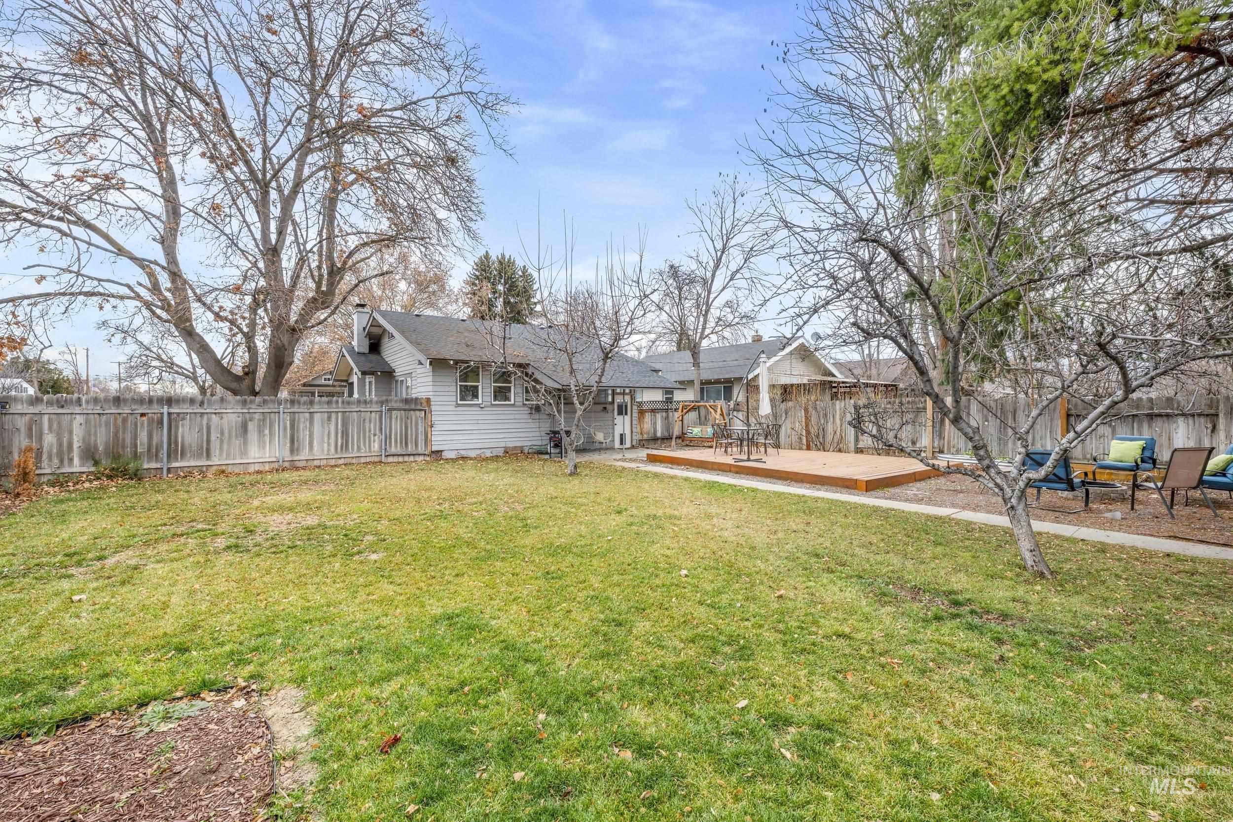Fenced backyard featuring a deck