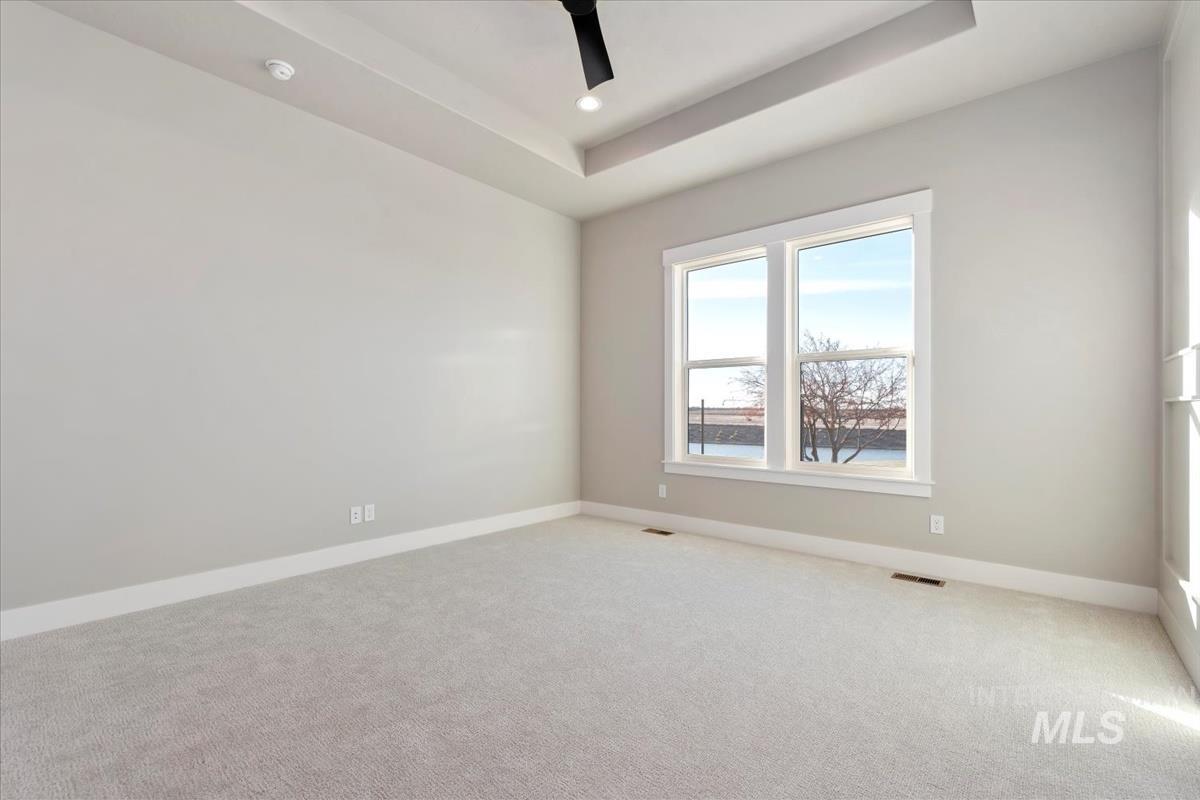 Spare room featuring a raised ceiling, carpet, ceiling fan, and recessed lighting