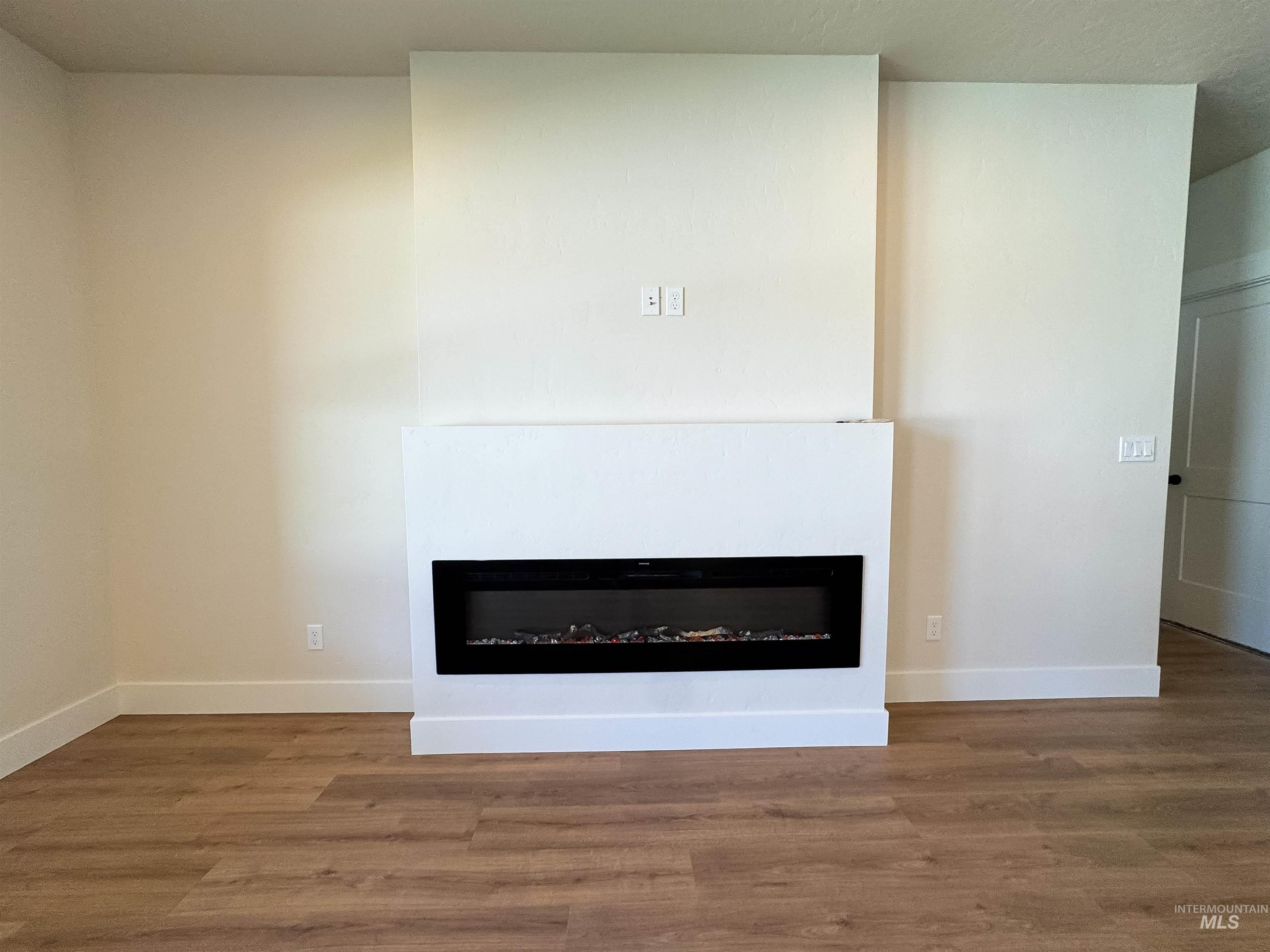 Detailed view of a glass covered fireplace and wood finished floors