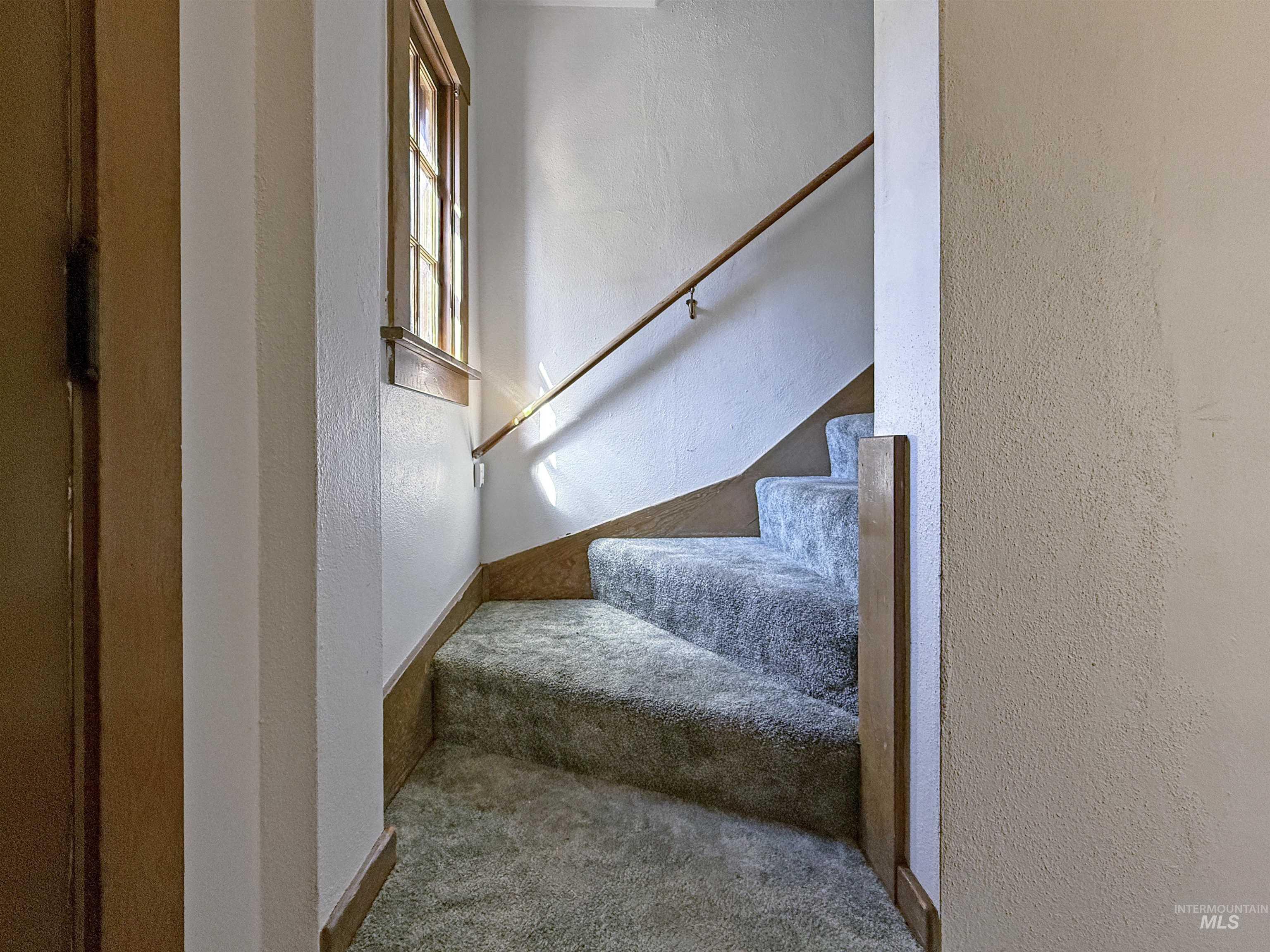Stairs with a textured wall and carpet floors
